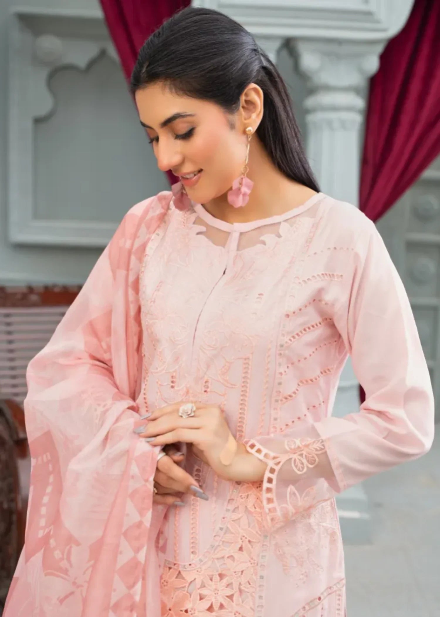 cambric cotton Kurta Set in Peach pink