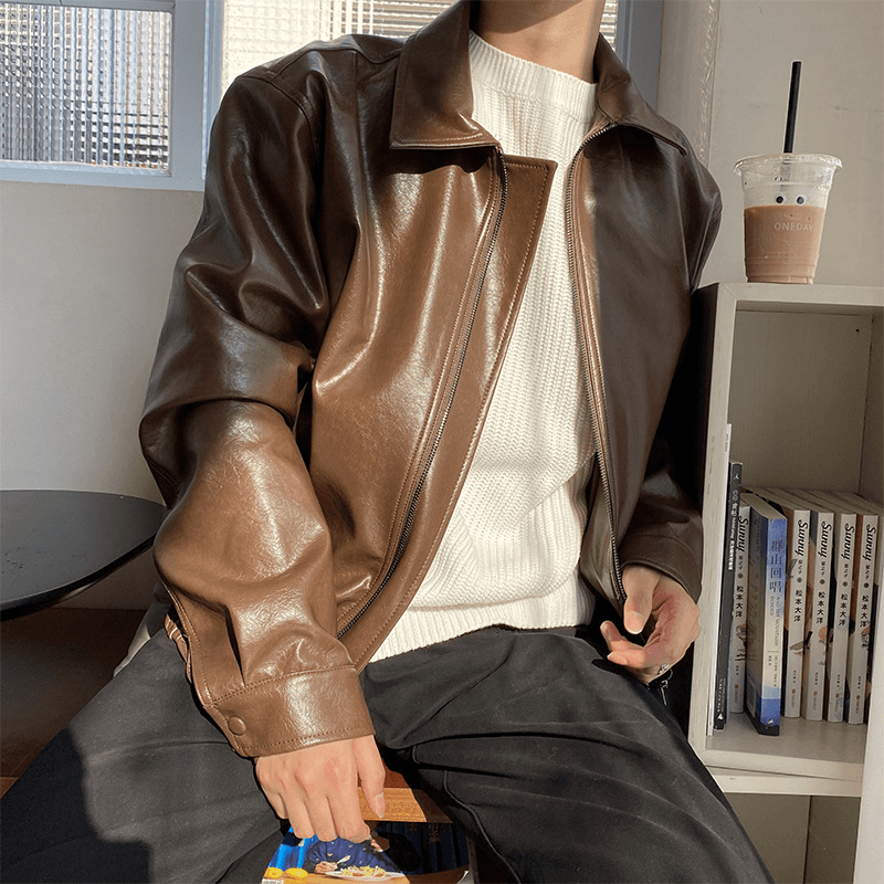 Vintage Style Men's Short Leather Jacket - Loose Fit Design