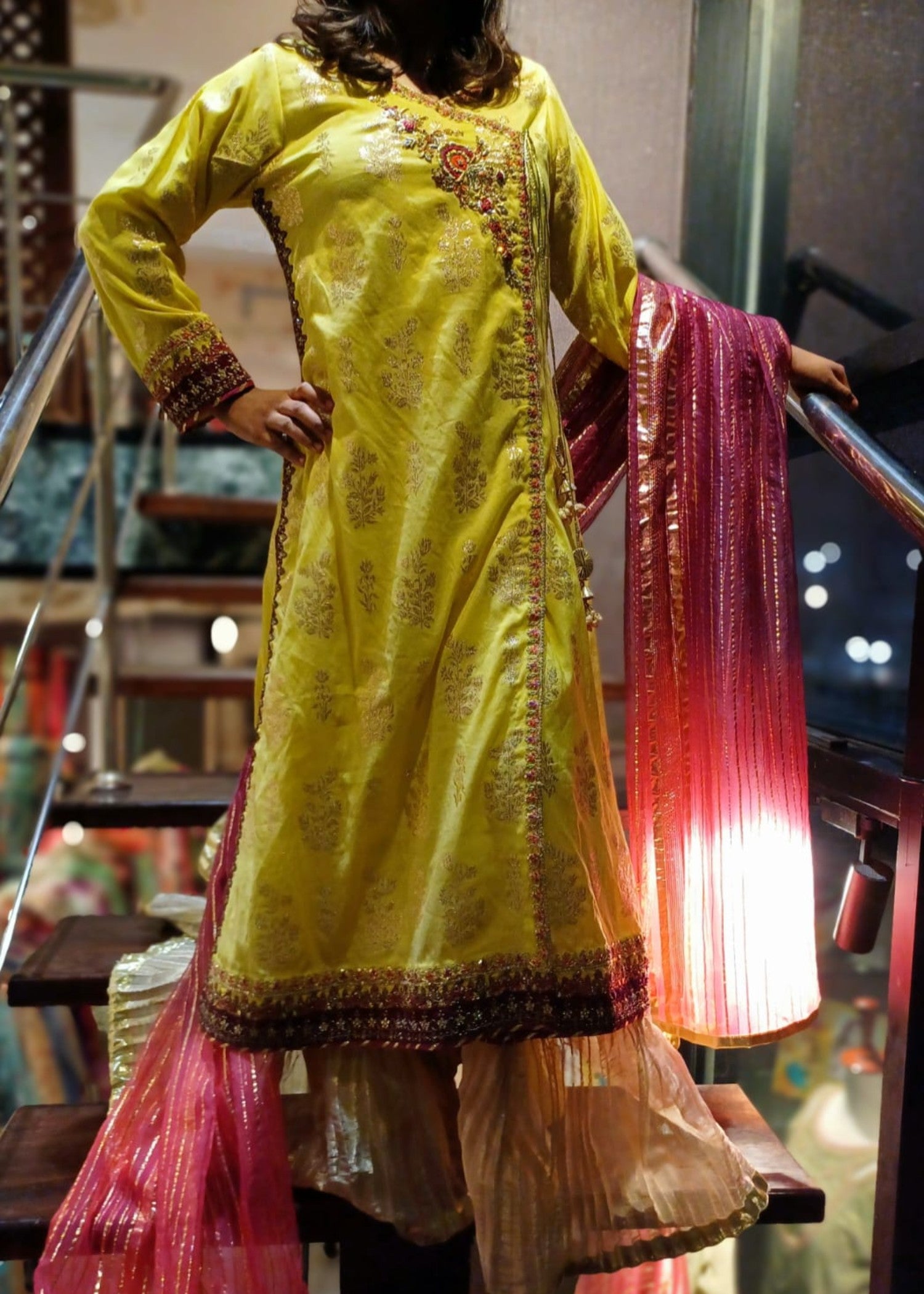 cotton jacquard Angrakha in Yellow
