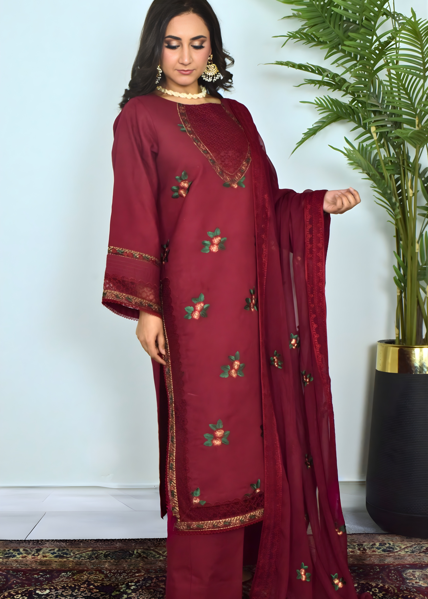 lawn cotton Kurta Set in Maroon