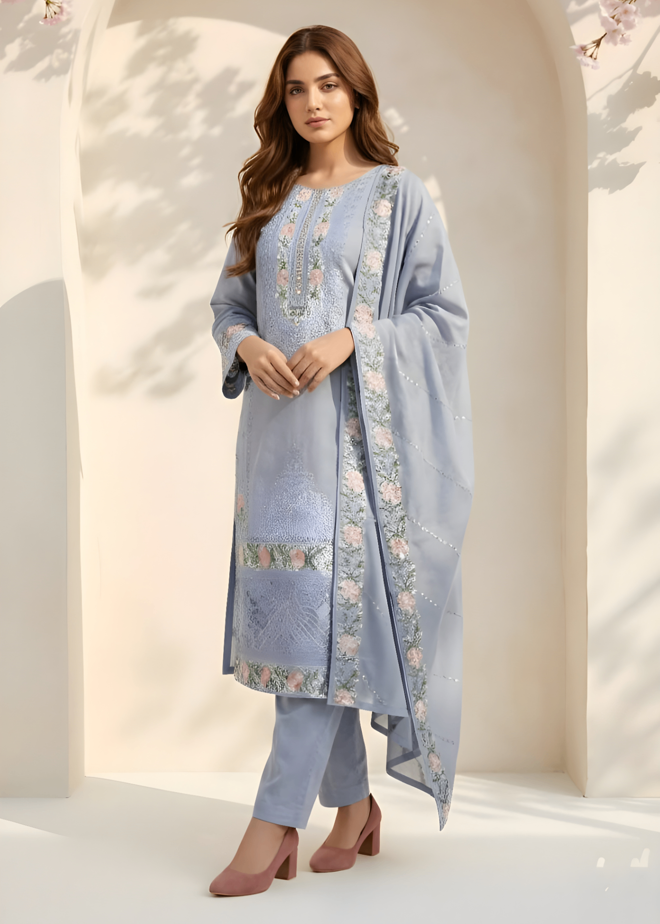 cotton net Kurta Set in Lavender grey