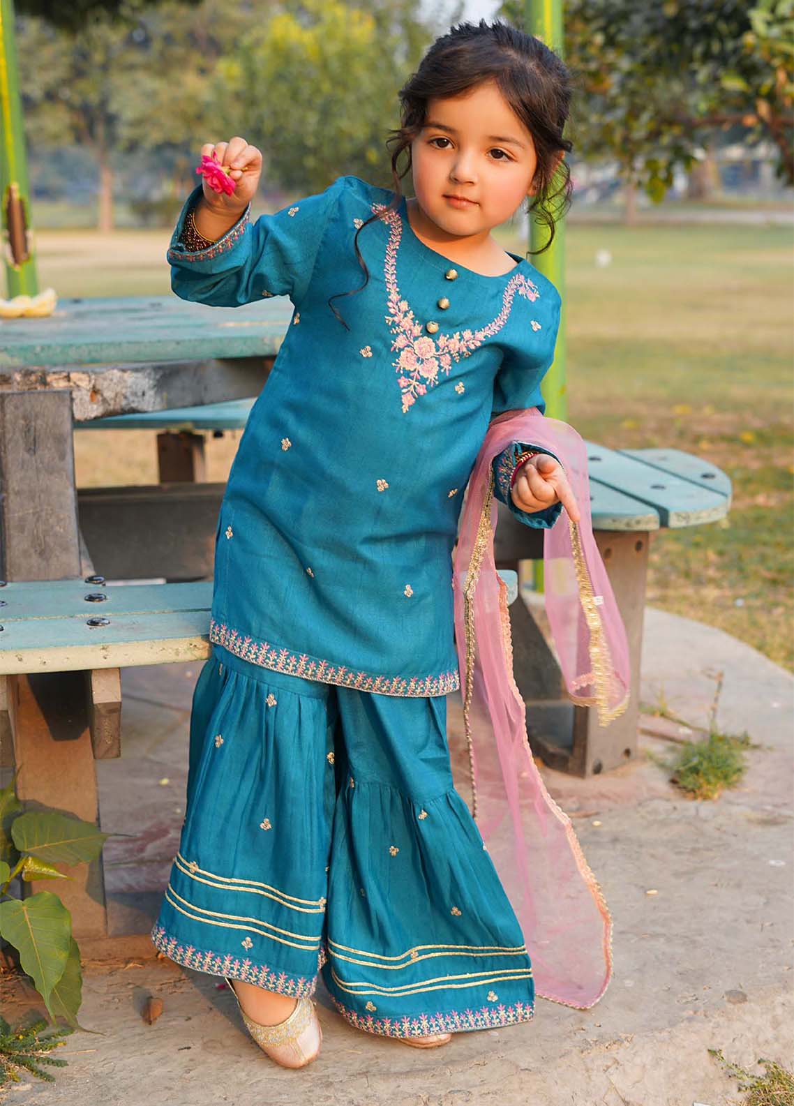 raw silk Gharara in Turquoise