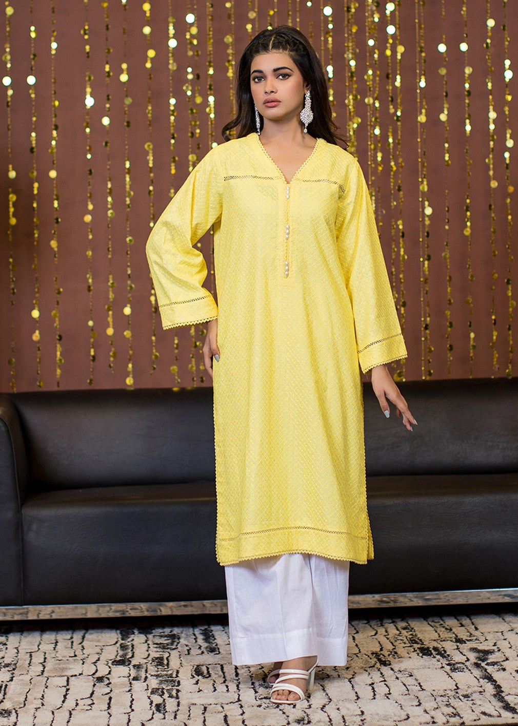 chikankari cotton Kurti in Lemon