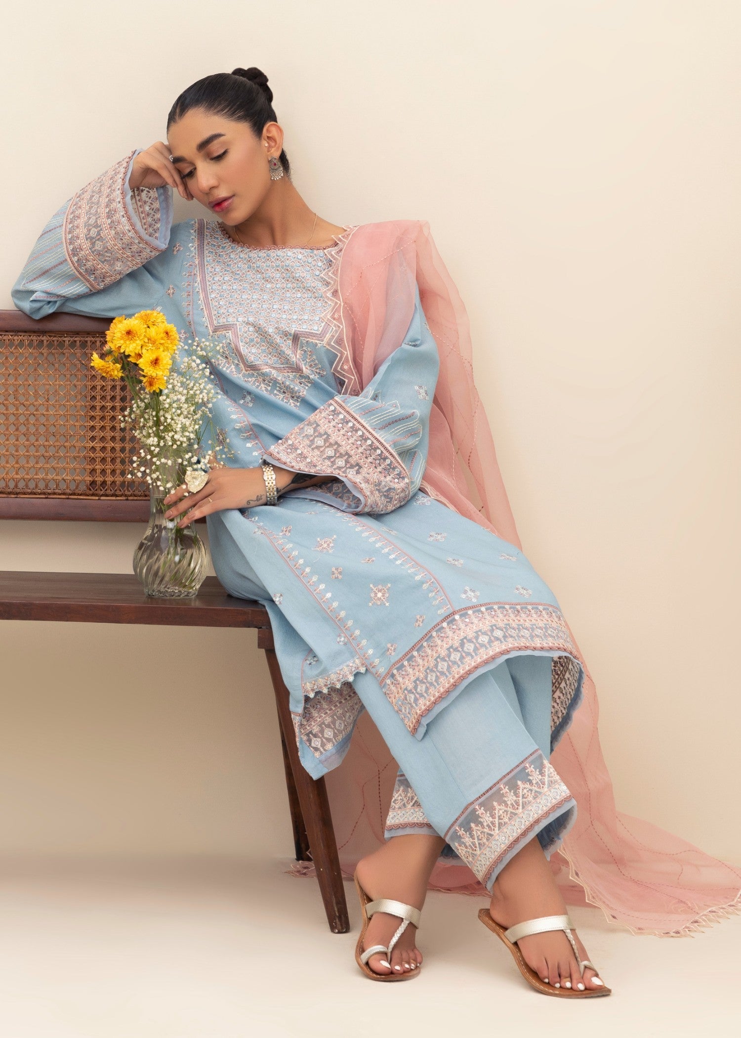 chambray Kurta Set in Light blue