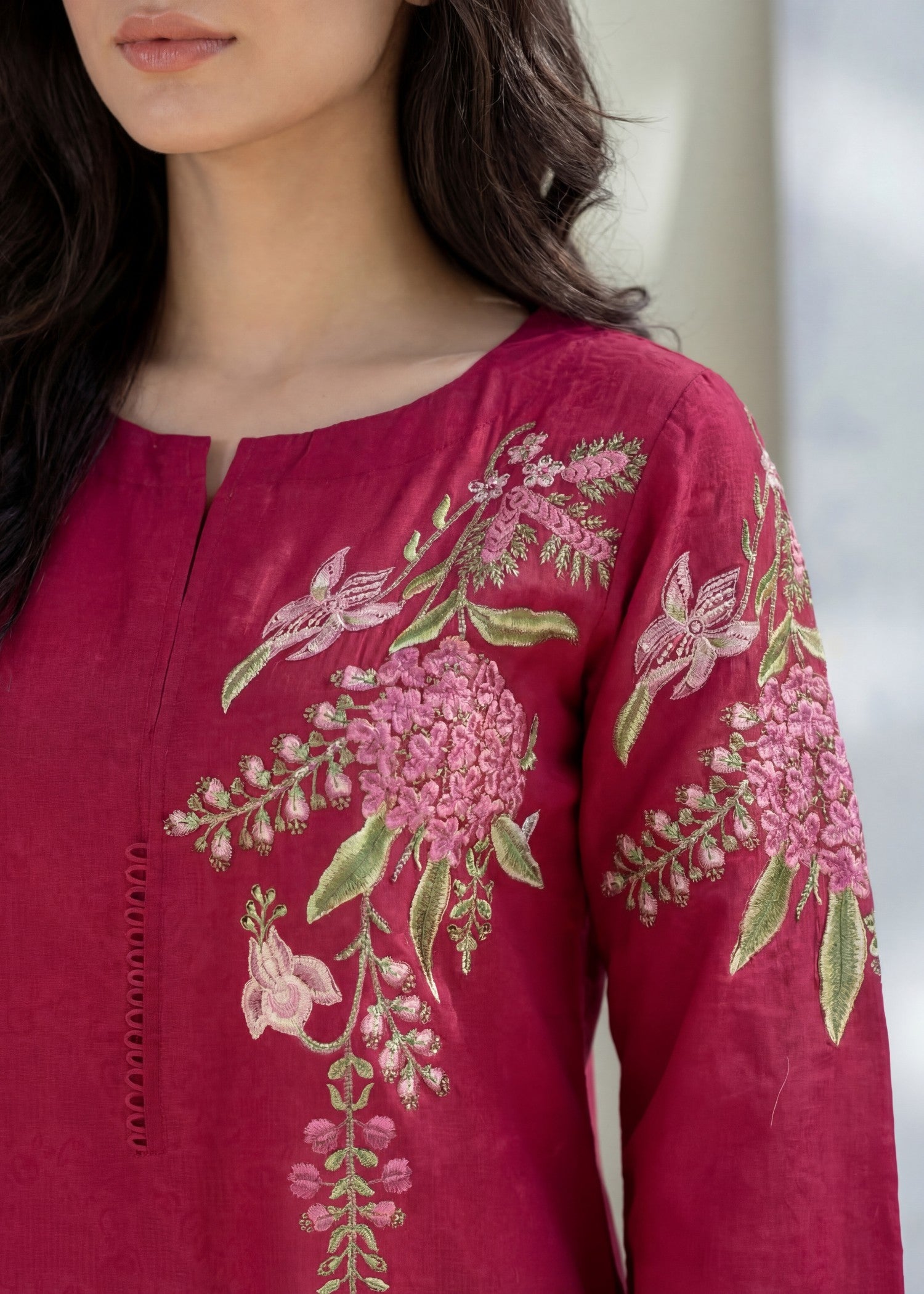 textured lawn Kurta Set in Crimson