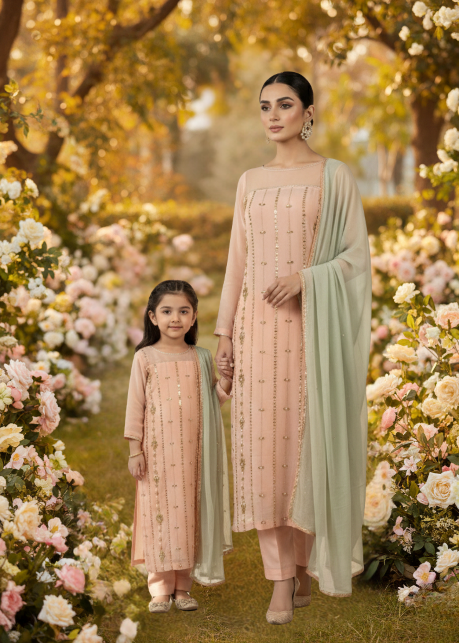 chiffon Kurta Set in Peach pink, pastel green