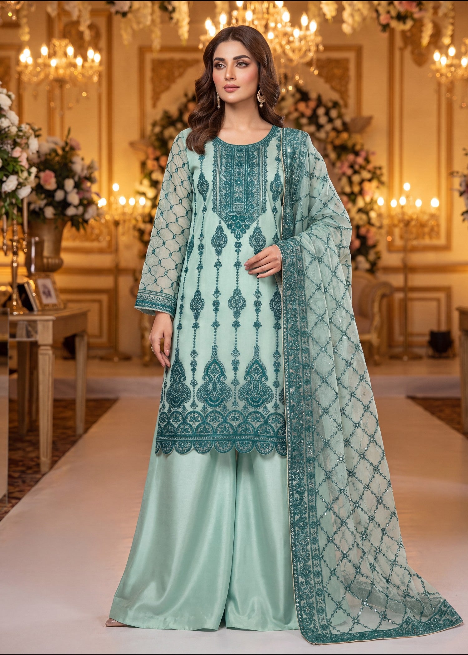 khaddi net Unstitched in Mint green