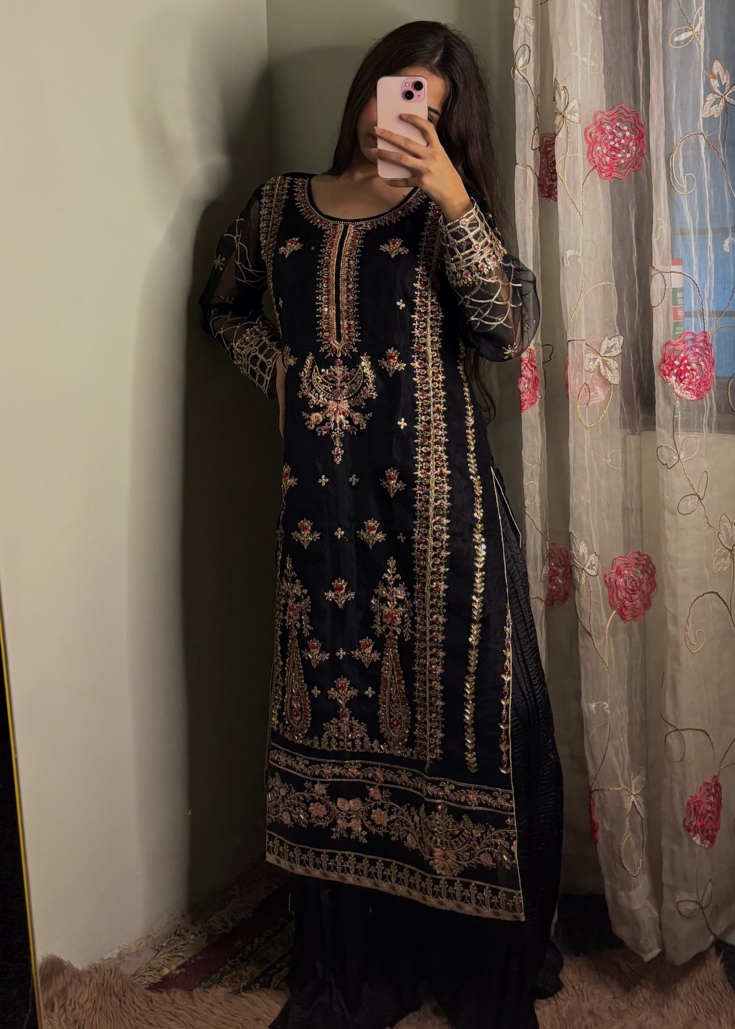 organza Sharara in Maroon, black