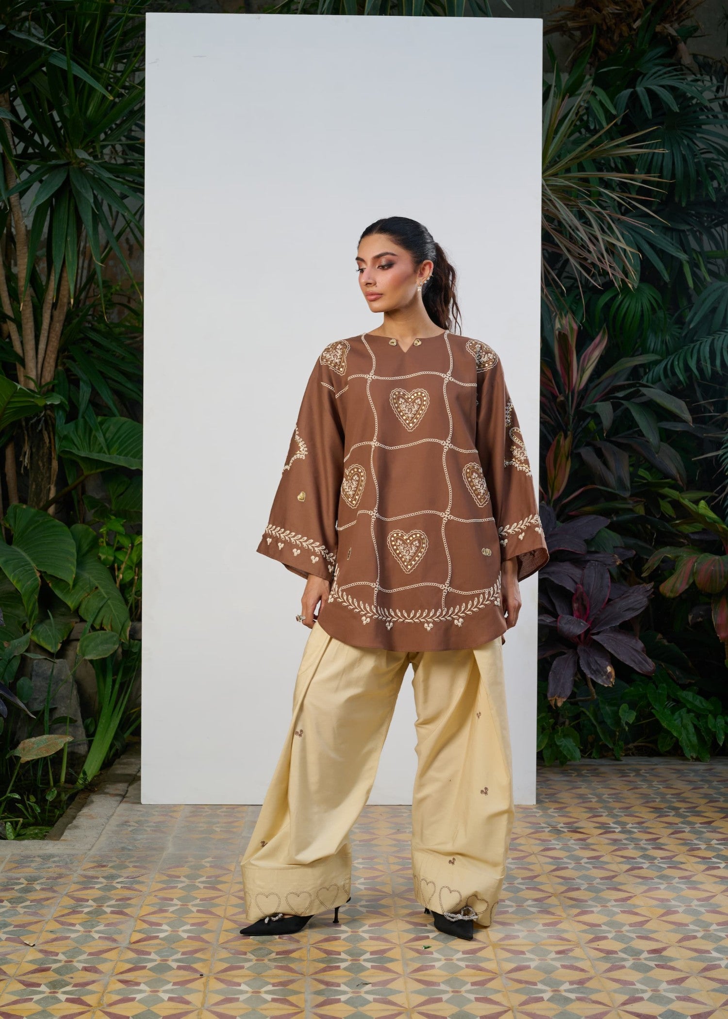 cotton Kurta Set in Brown, cream