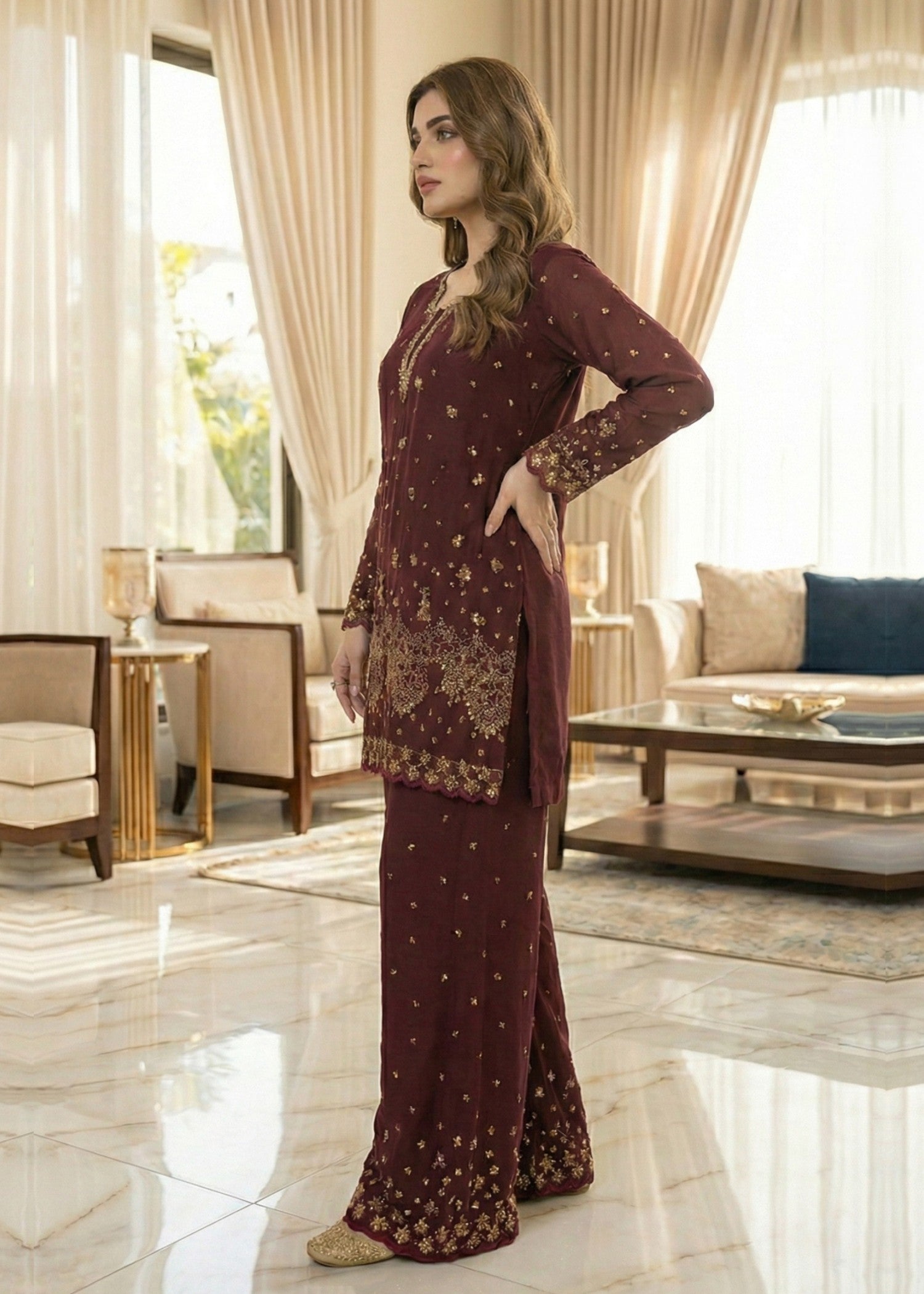 raw silk Kurta Set in Burgundy