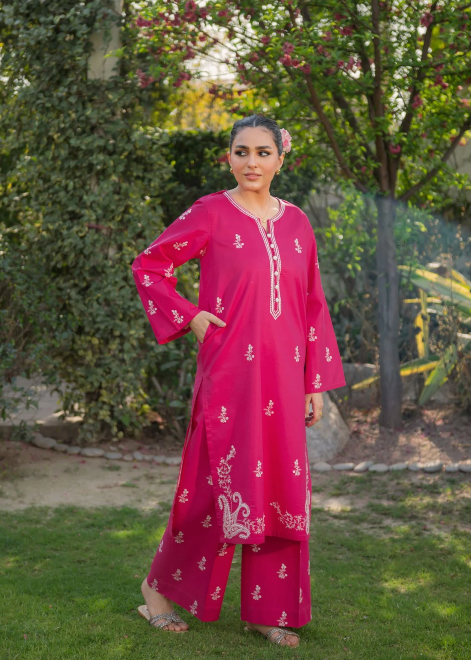 pure cotton Kurta Set in Hot pink