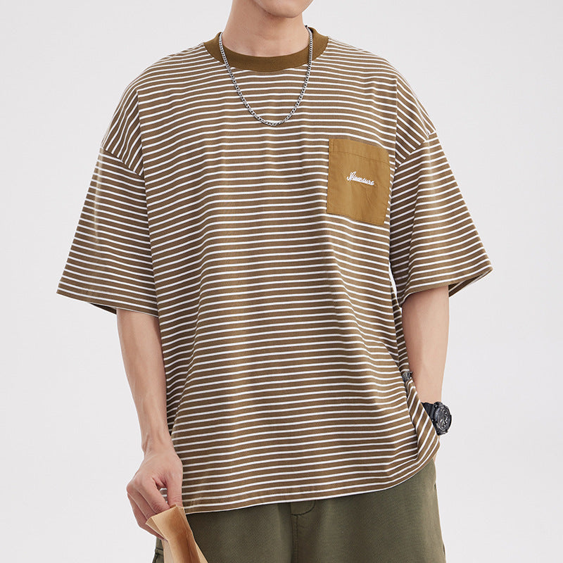 Vintage Stripe Patchwork Pocket Men's Loose Trendy Casual All-matching Half Sleeve