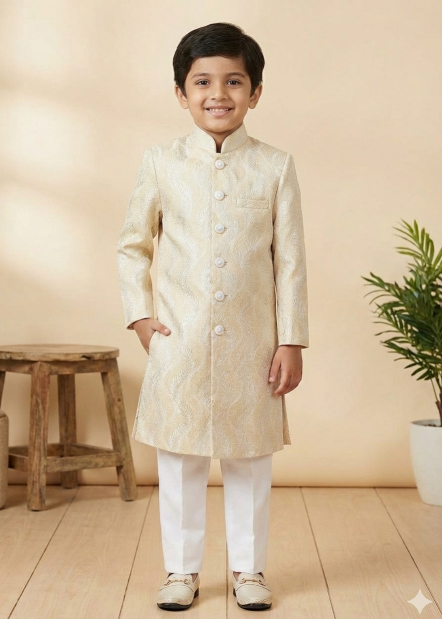jamawar Sherwani in Cream