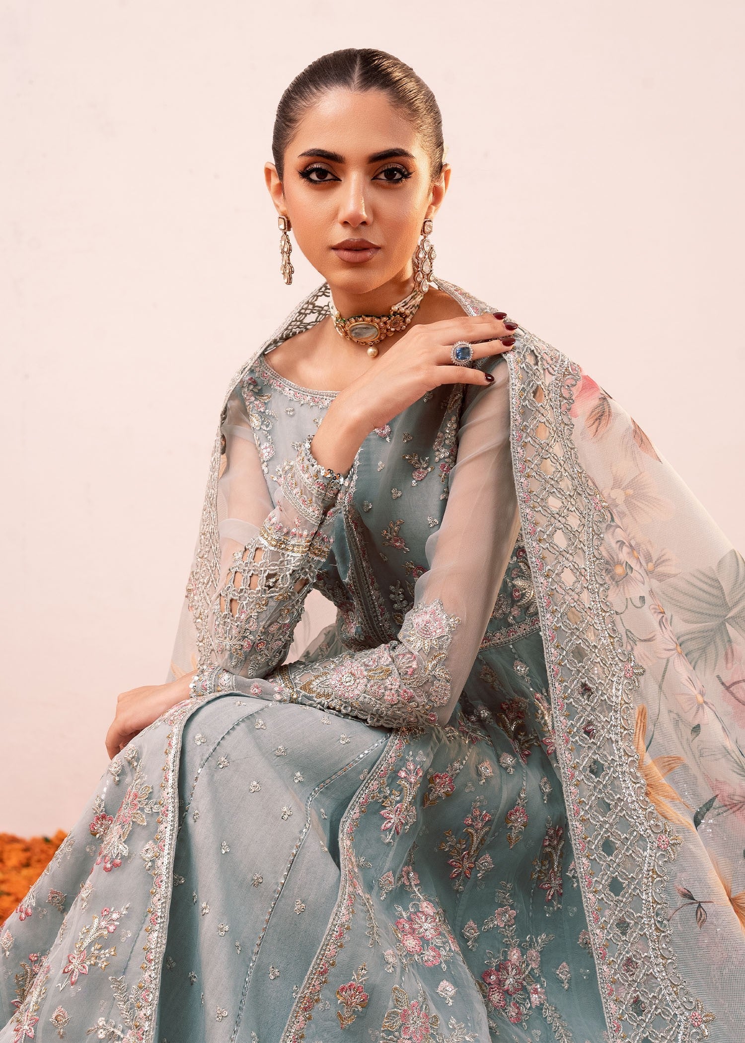 organza Pishwas in Ice blue