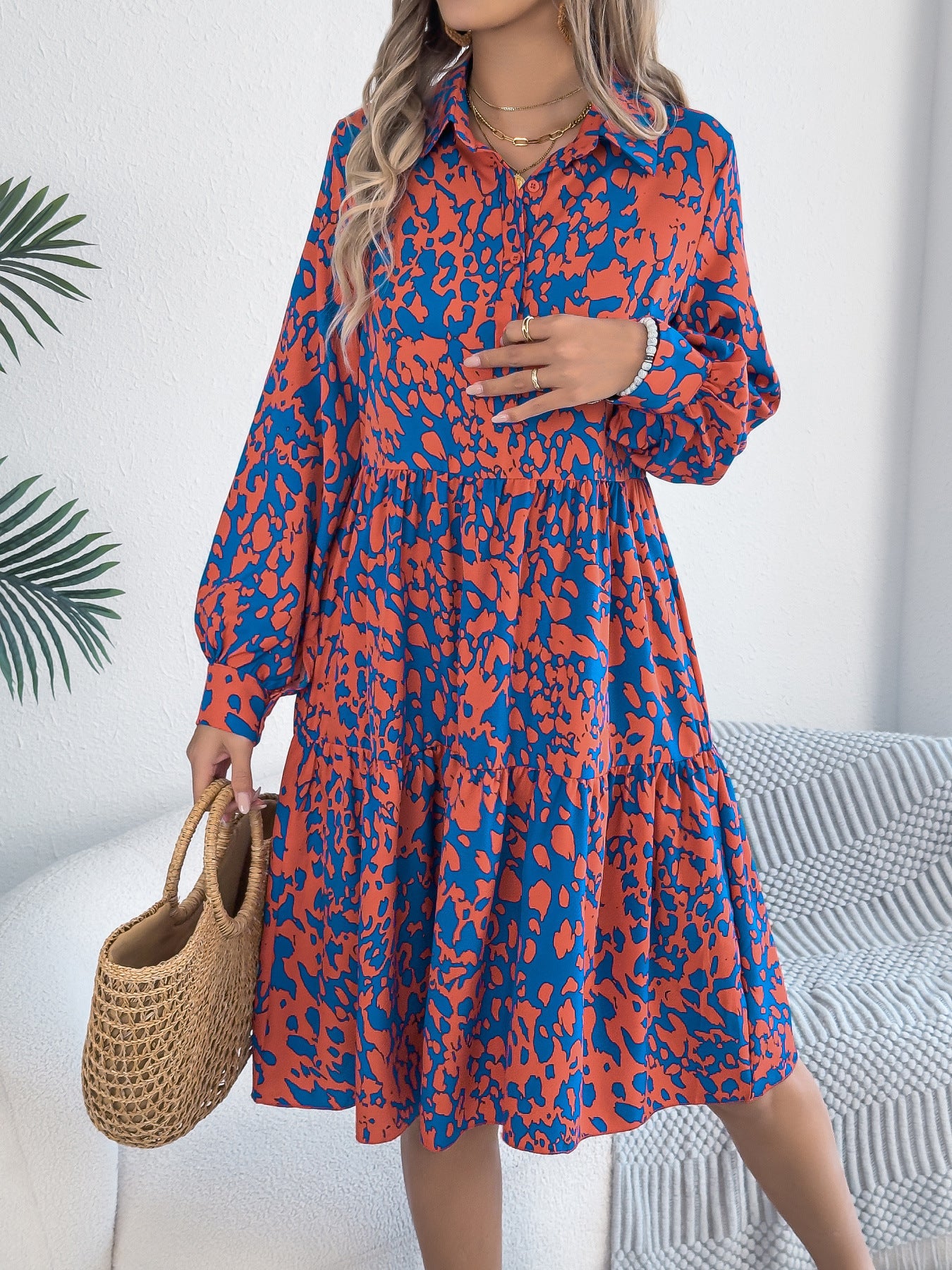 Casual Loose Contrast Color Leopard-print Long-sleeved Shirt Dress