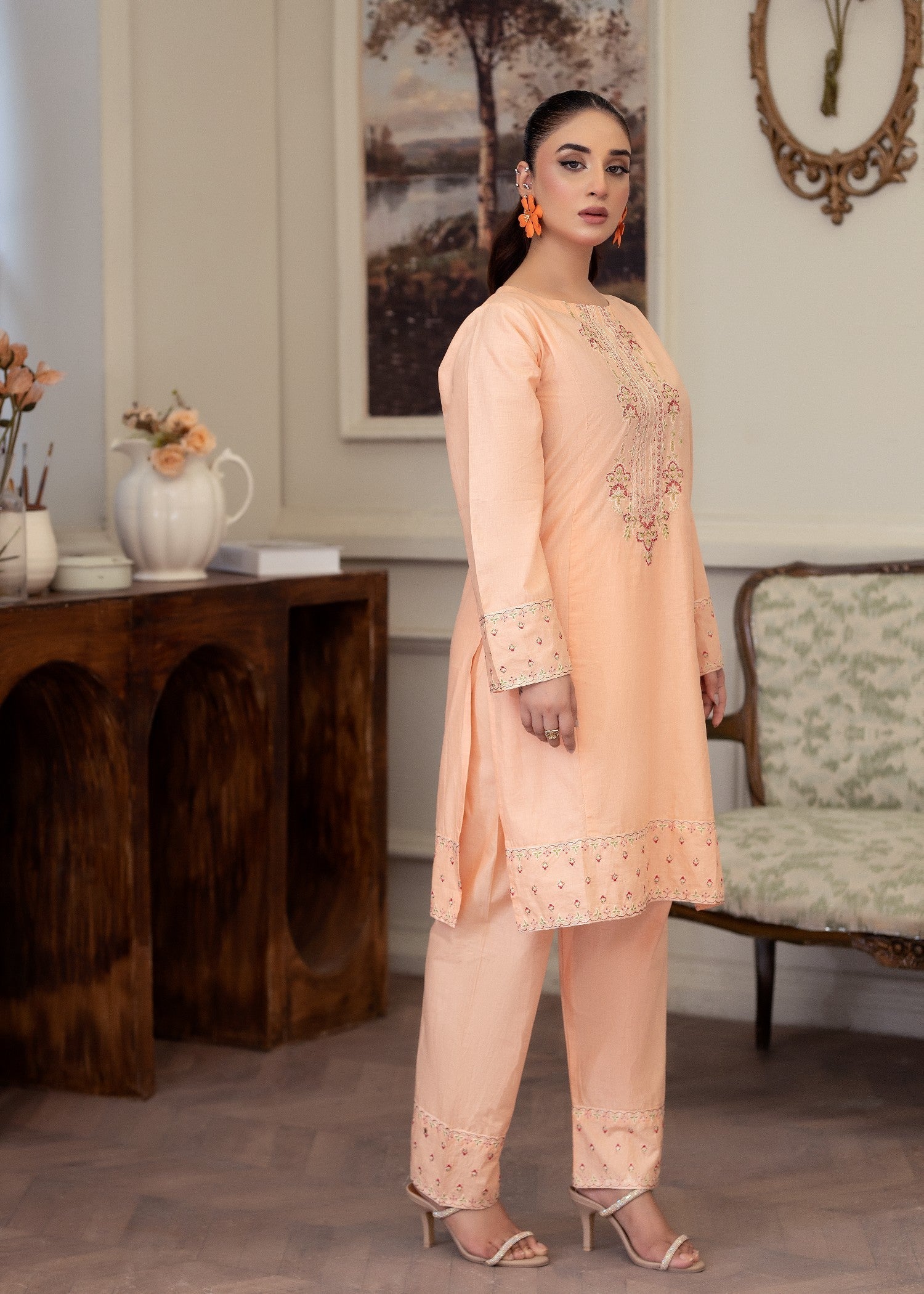 lawn cotton Kurta Set in Peach pink