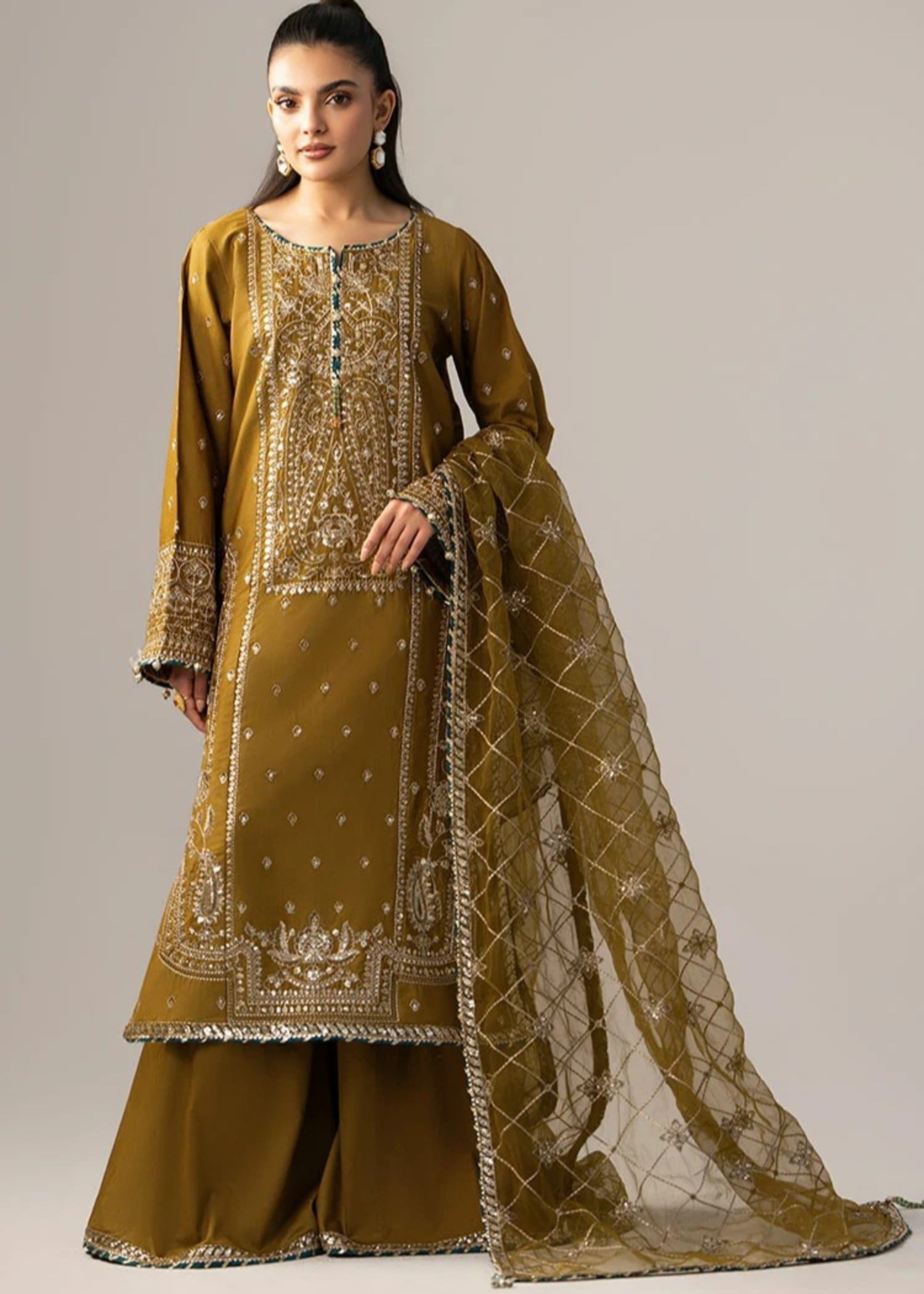 blended satin Kurta Set in Olive green, yellow green