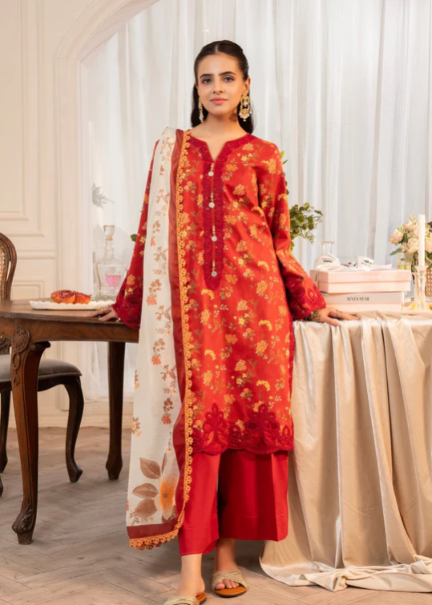 lawn cotton Kurta Set in Fire red