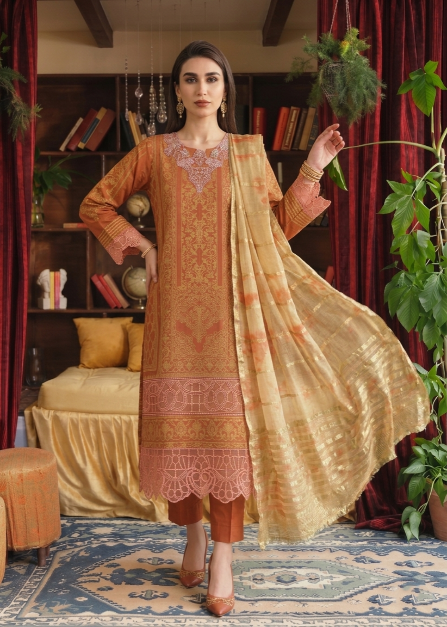 jacquard Kurta Set in Yellow-orange