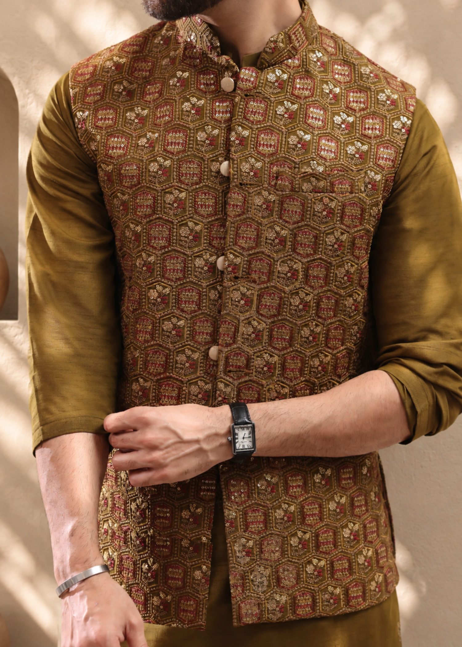raw silk Waistcoat in Olive green by The Great Masters (TGM)