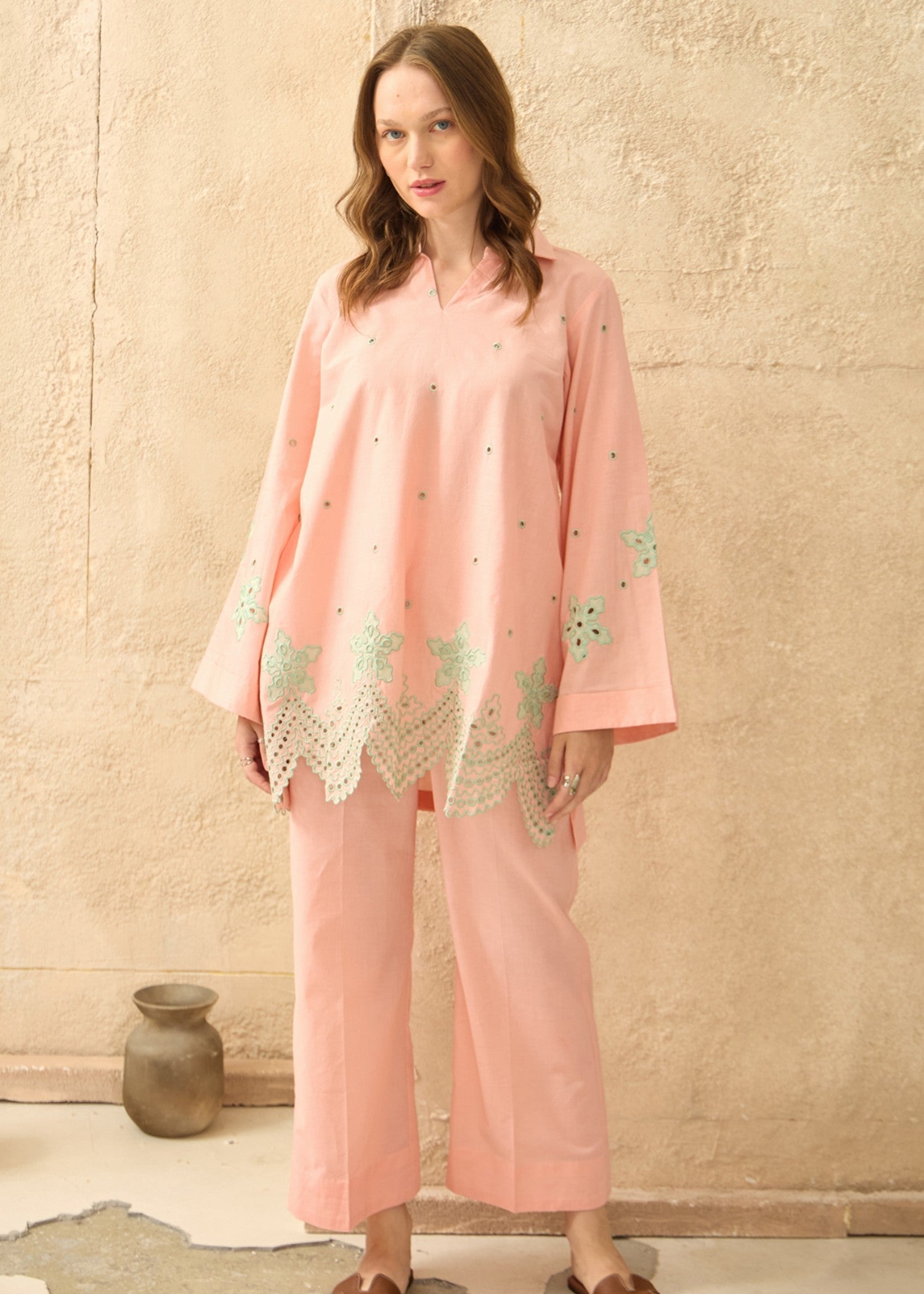 cotton dobby Co Ord Sets in Peach pink