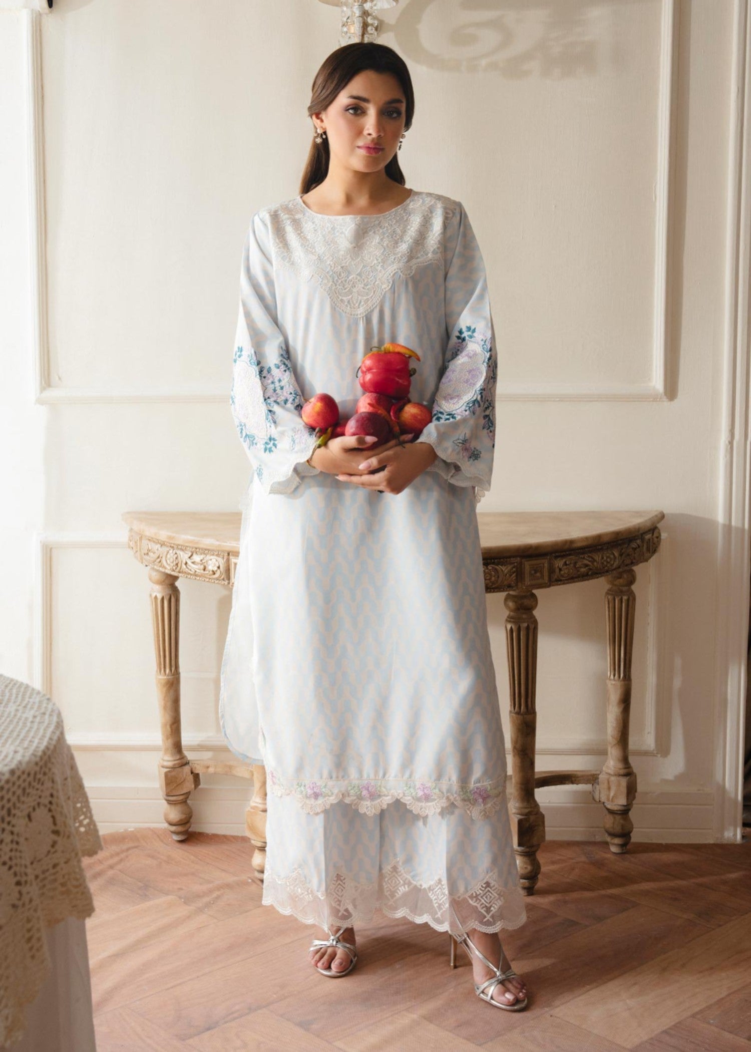 crepe Kurta Set in Powder blue, pastel pink