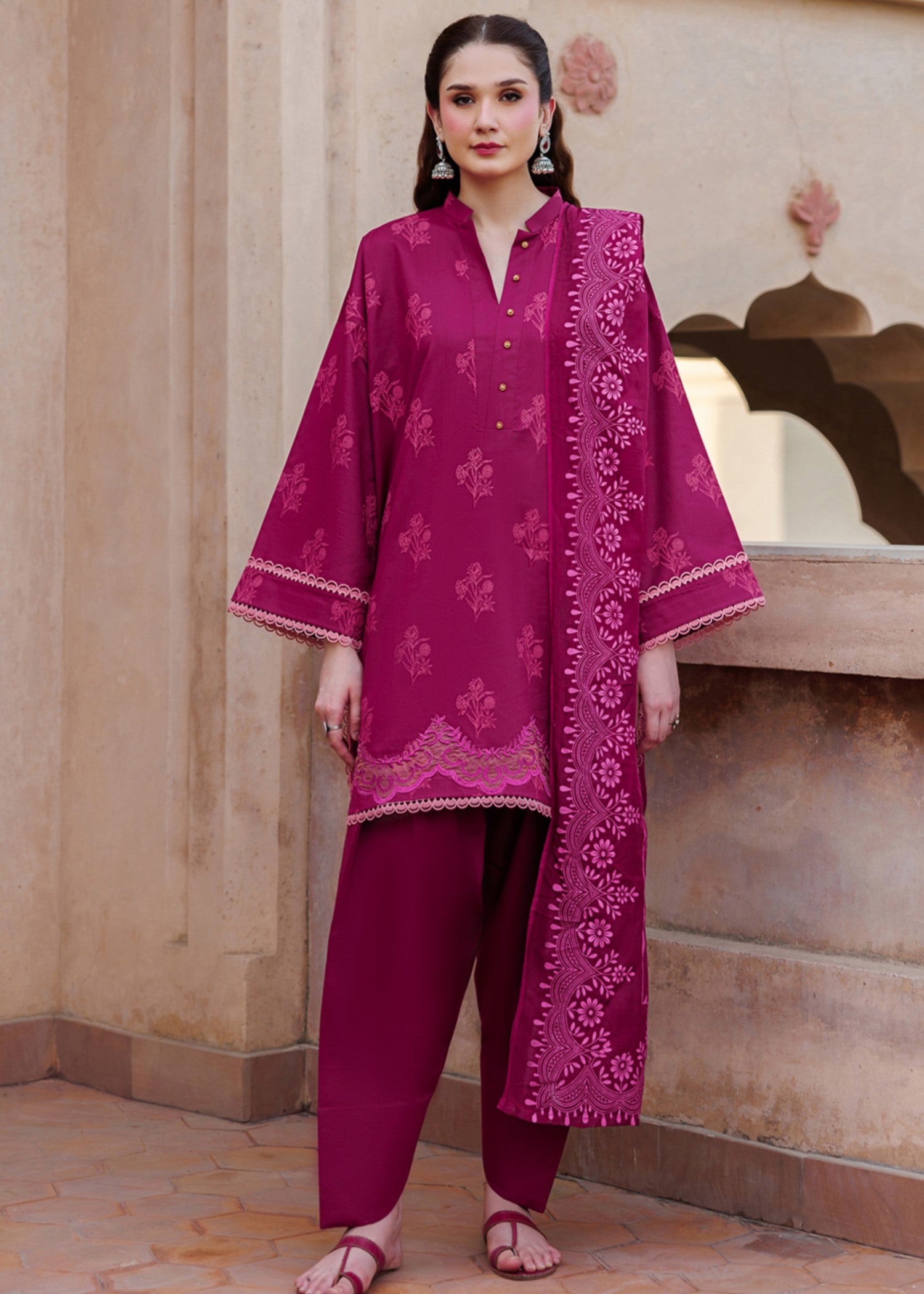 lawn cotton Kurta Set in Shocking pink