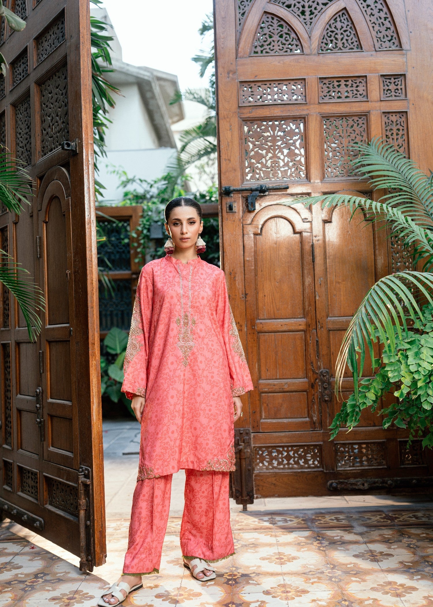 slub lawn Kurta Set in Indian pink