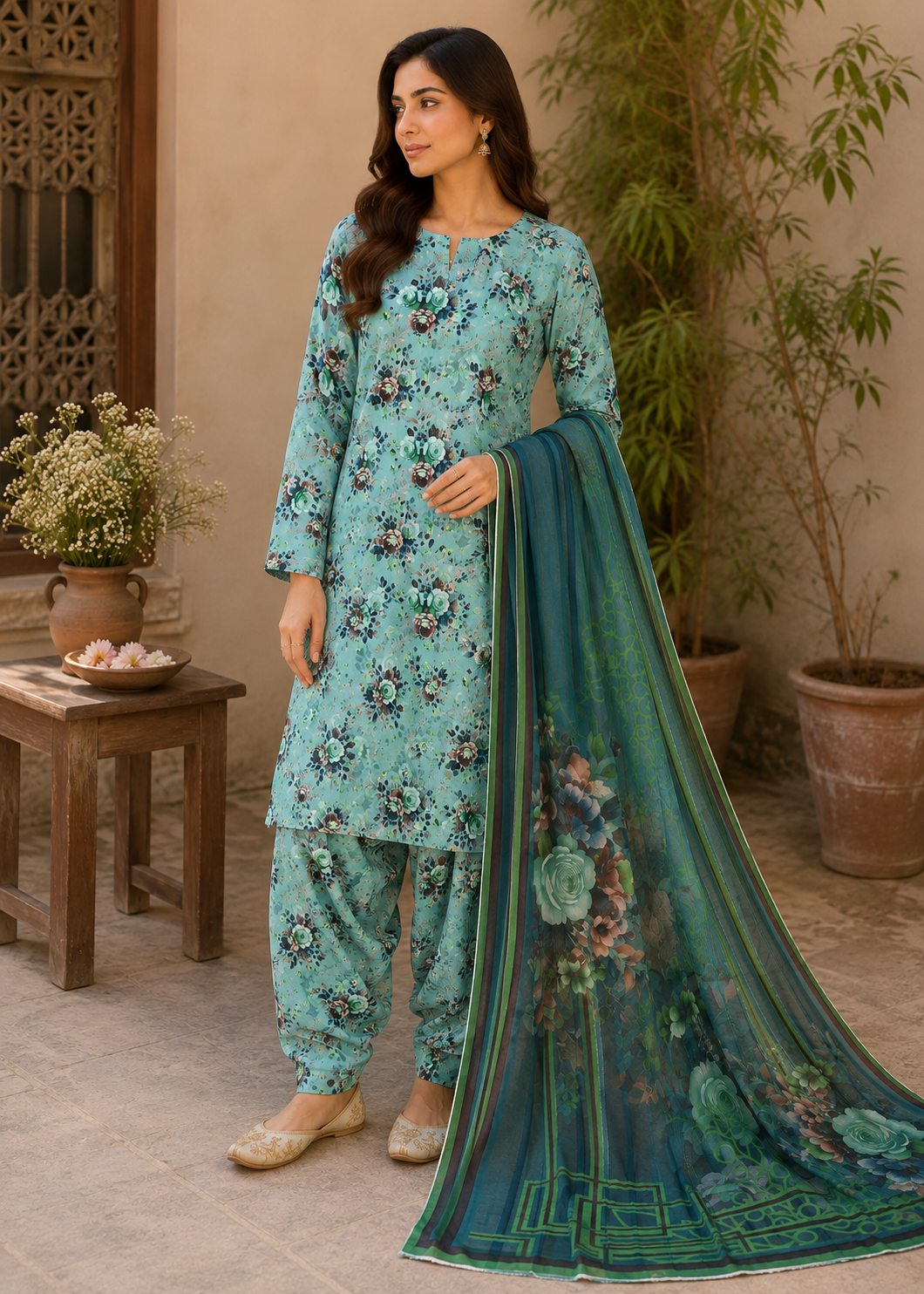 swiss lawn Unstitched in Turquoise