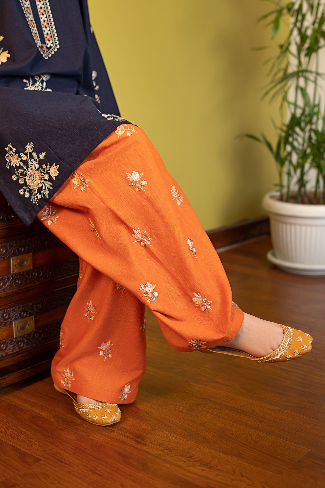 slub khaddar Kurta Set in Sunset orange, aegean blue