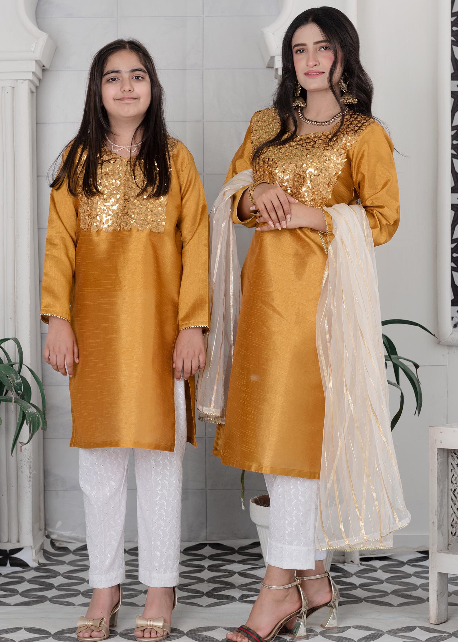 silk Kurta Set in Bronze orange