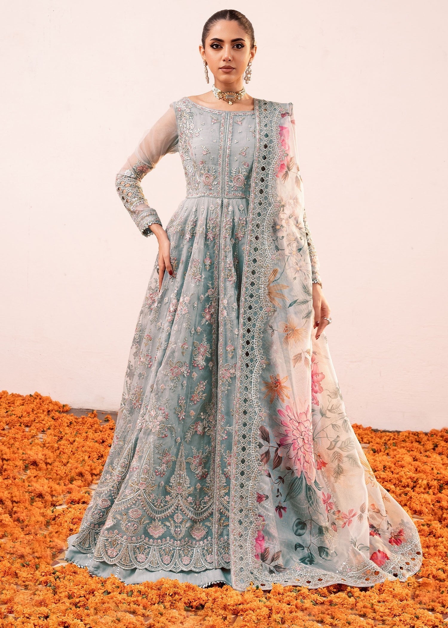 organza Pishwas in Ice blue