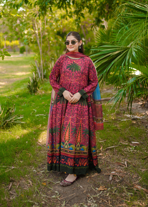 poly lawn Anarkali in Blood red, tomato red, fire red