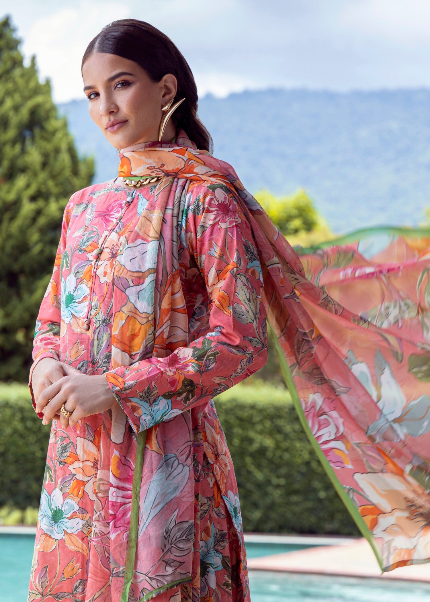 lawn Sharara in Peach pink