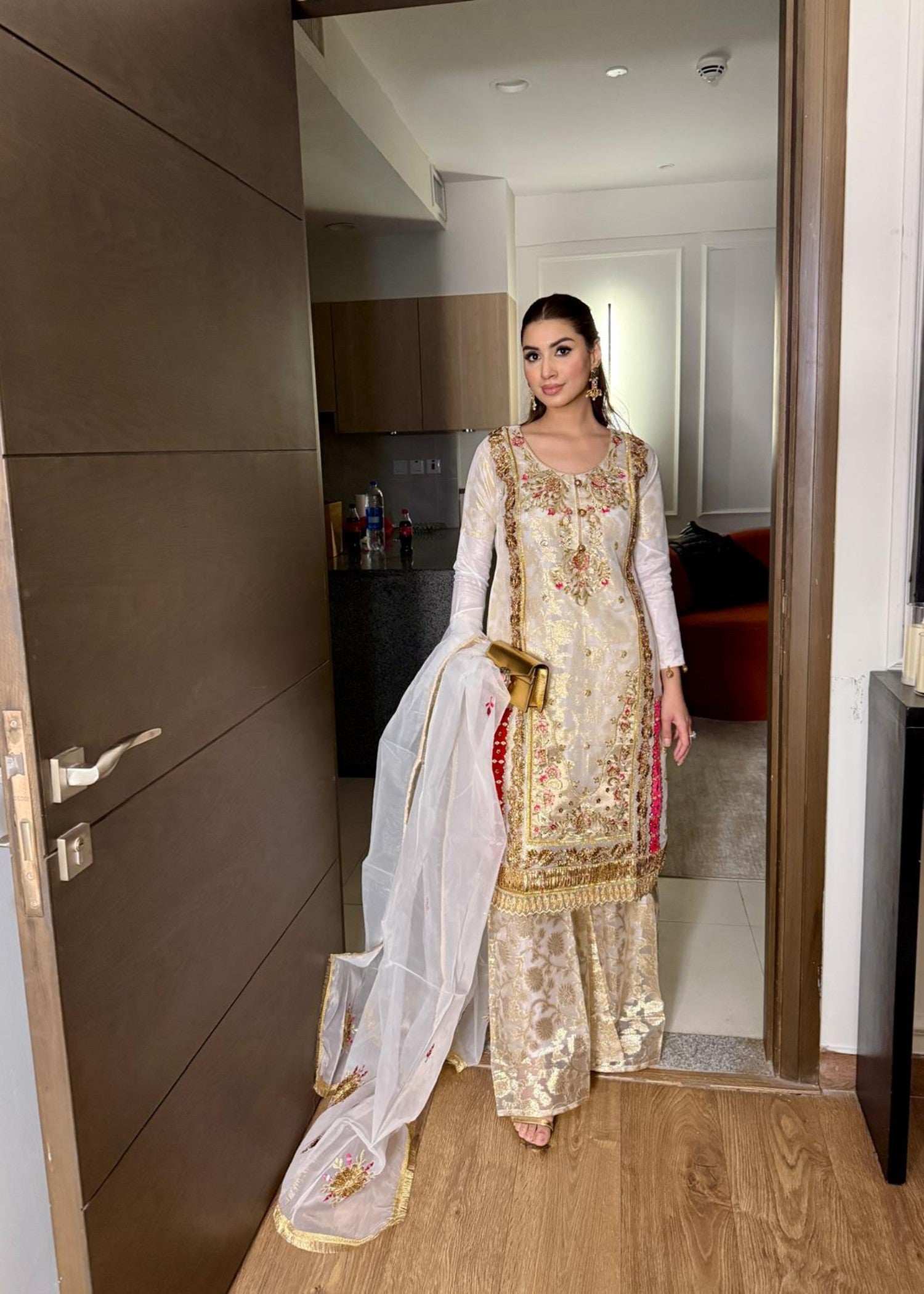 jamawar jacquard Kurta Set in White