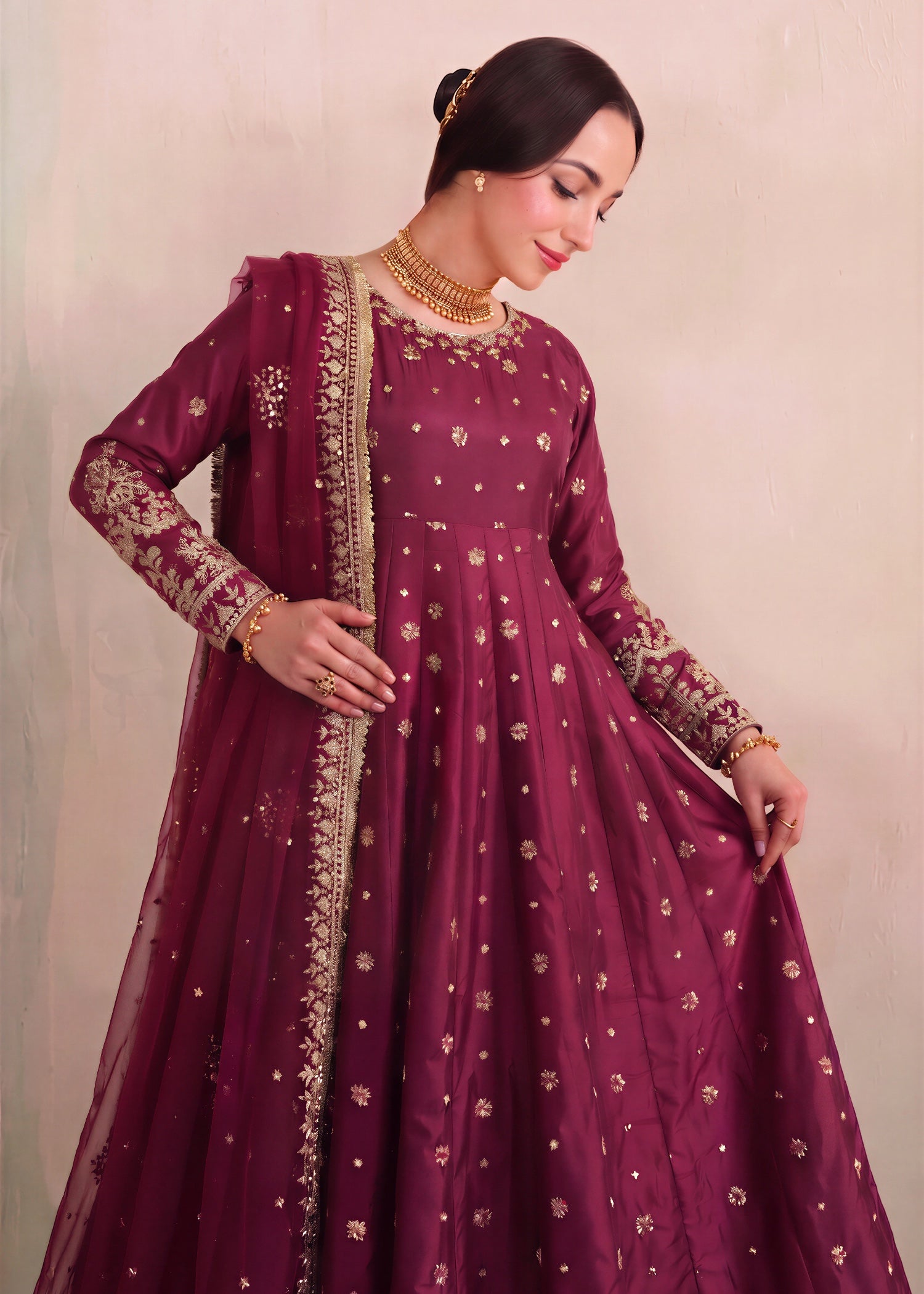 silk Pishwas in Magenta haze