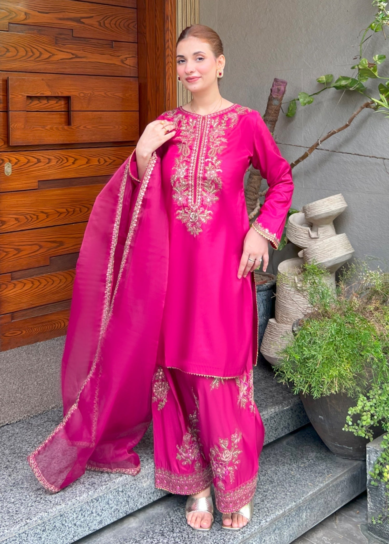 kattan silk Kurta Set in Raspberry pink
