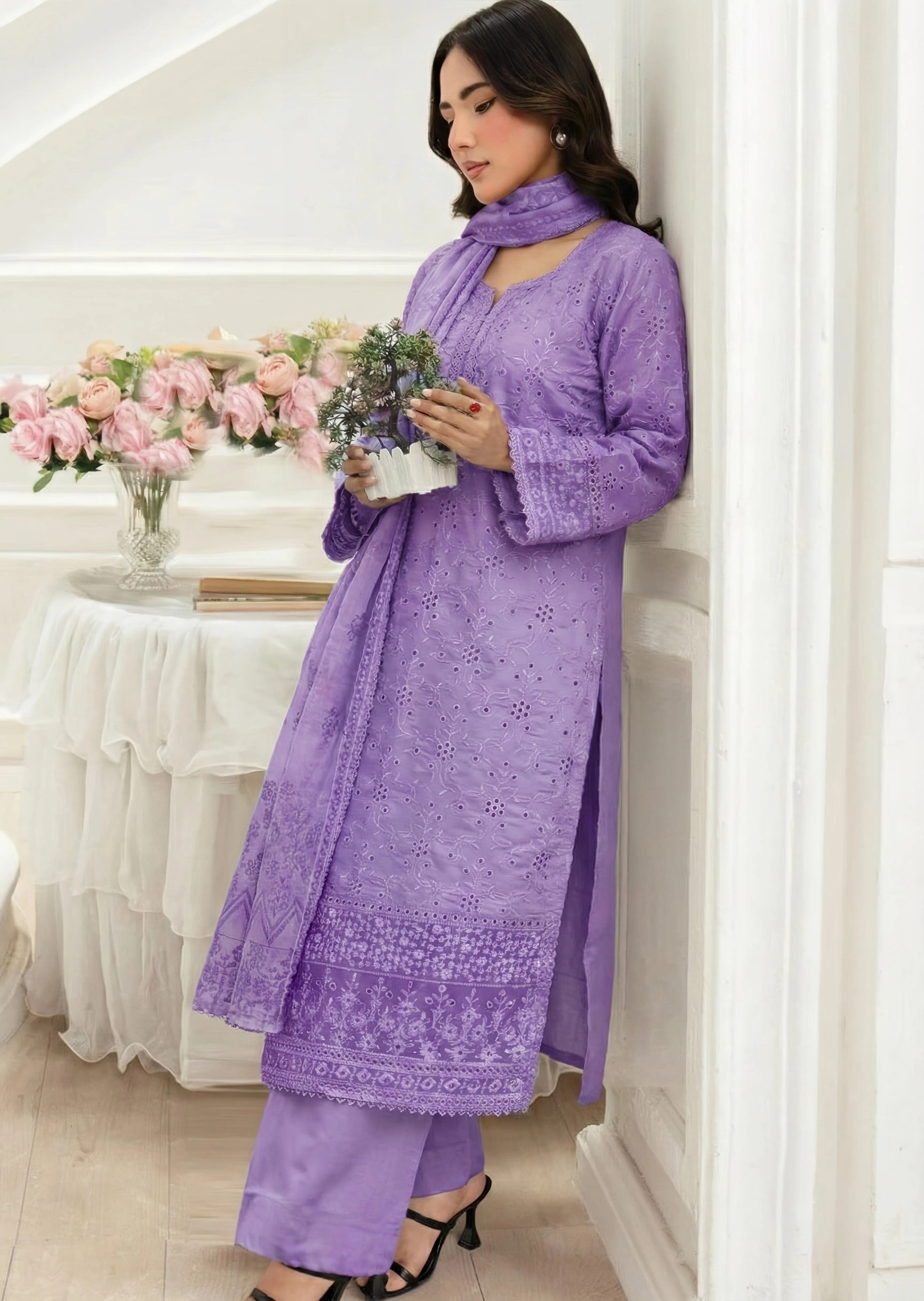 khaddi net Kurta Set in Heathered lilac