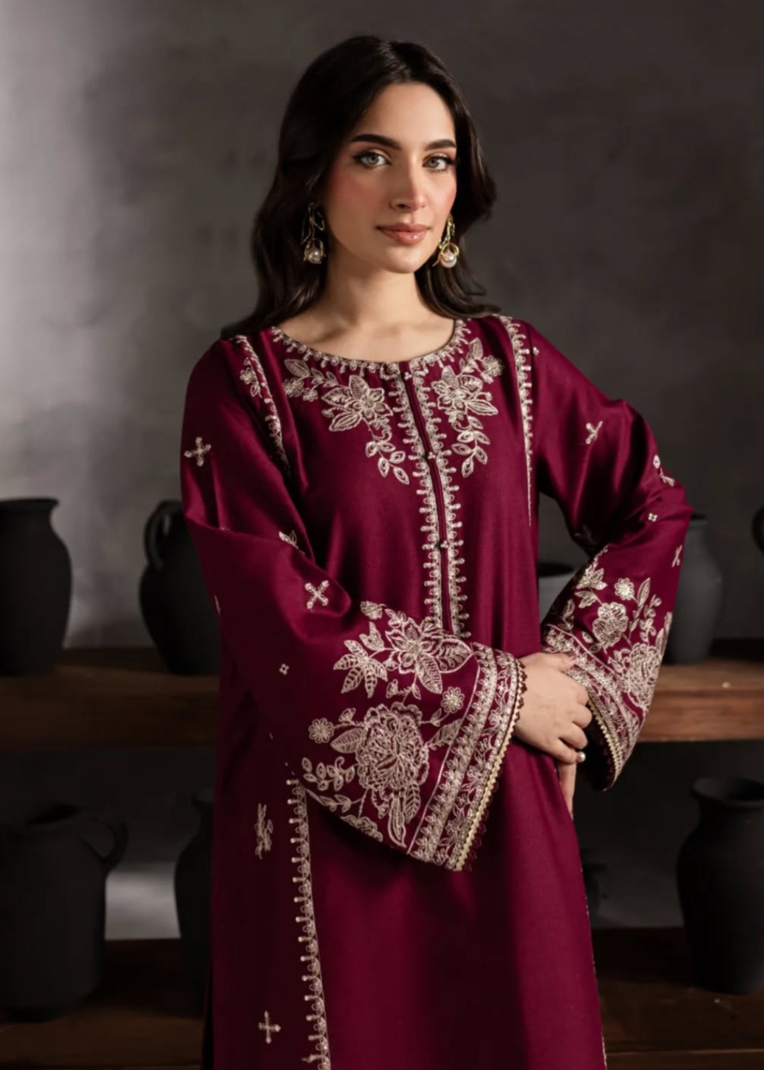 lawn Kurta Set in Maroon