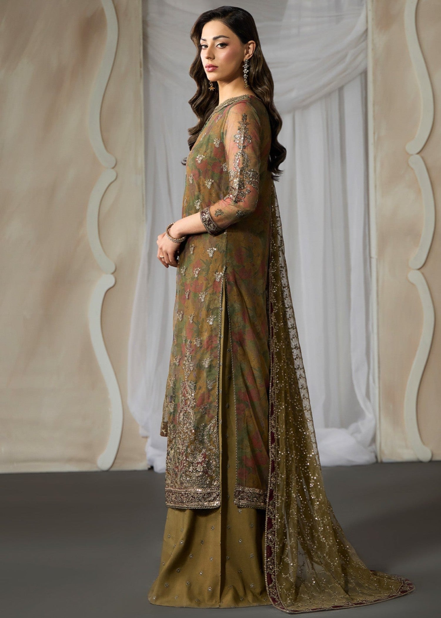net Sharara in Olive green