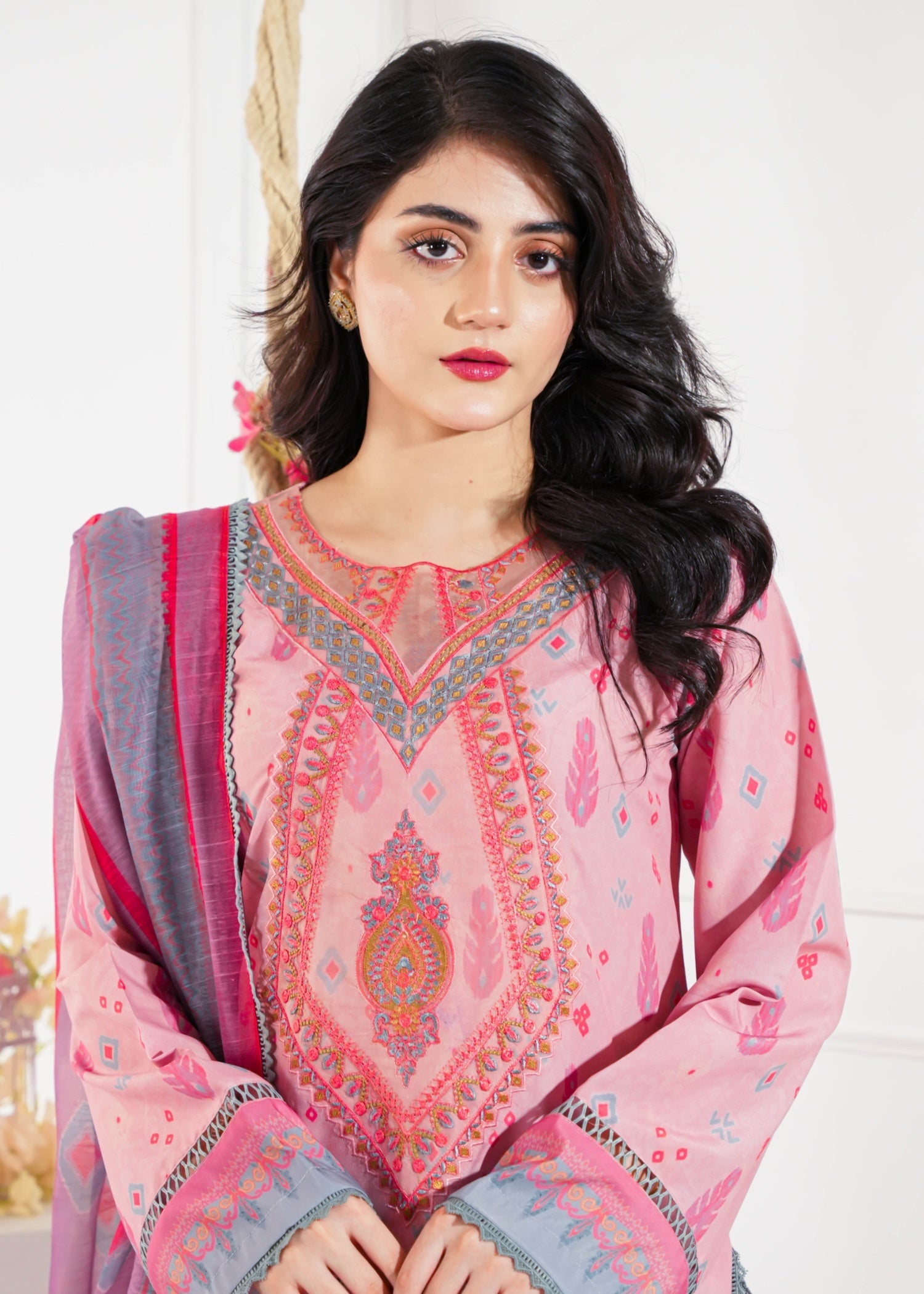 slub cambric Kurta Set in Pink