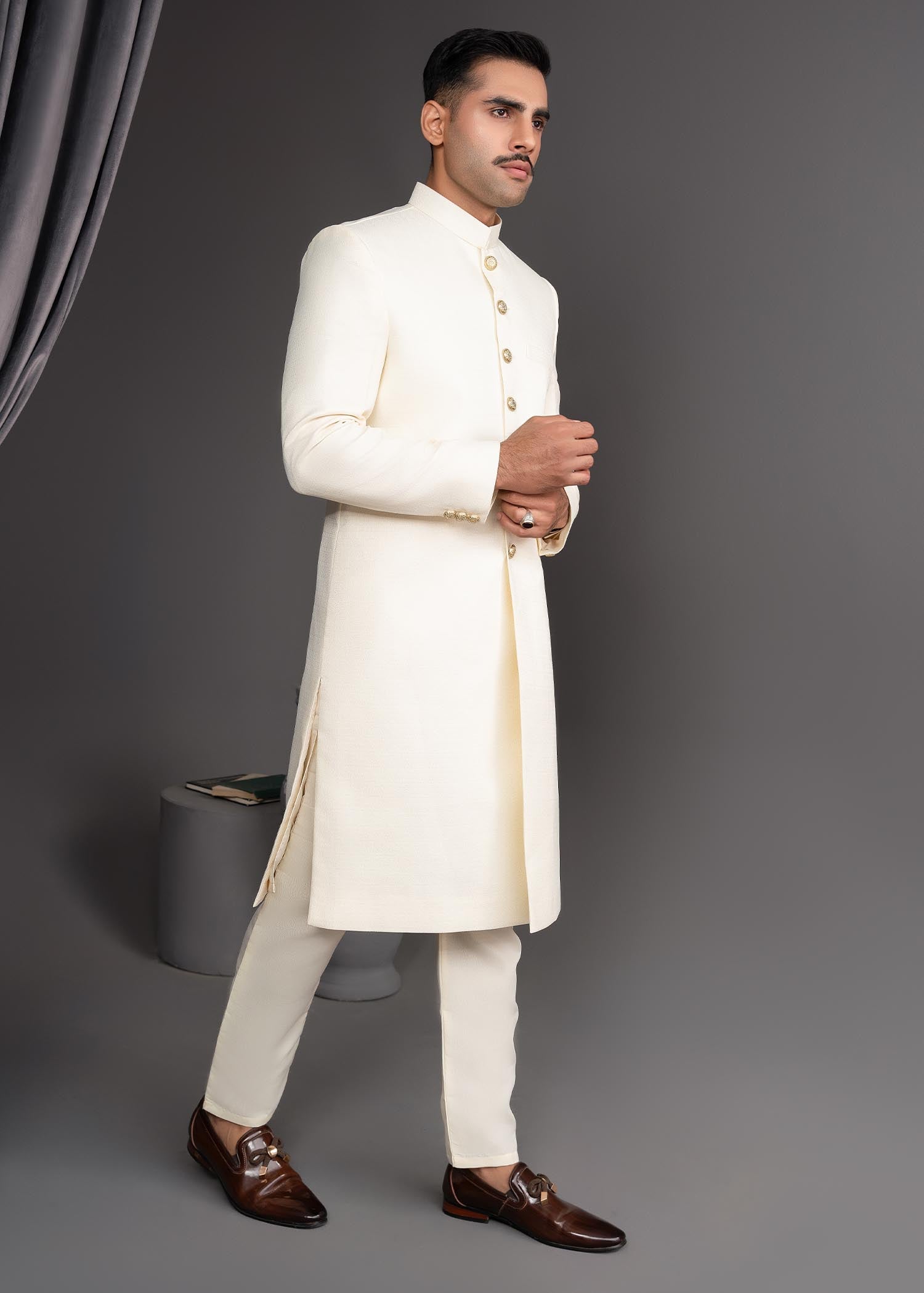 jamawar Sherwani in Ivory