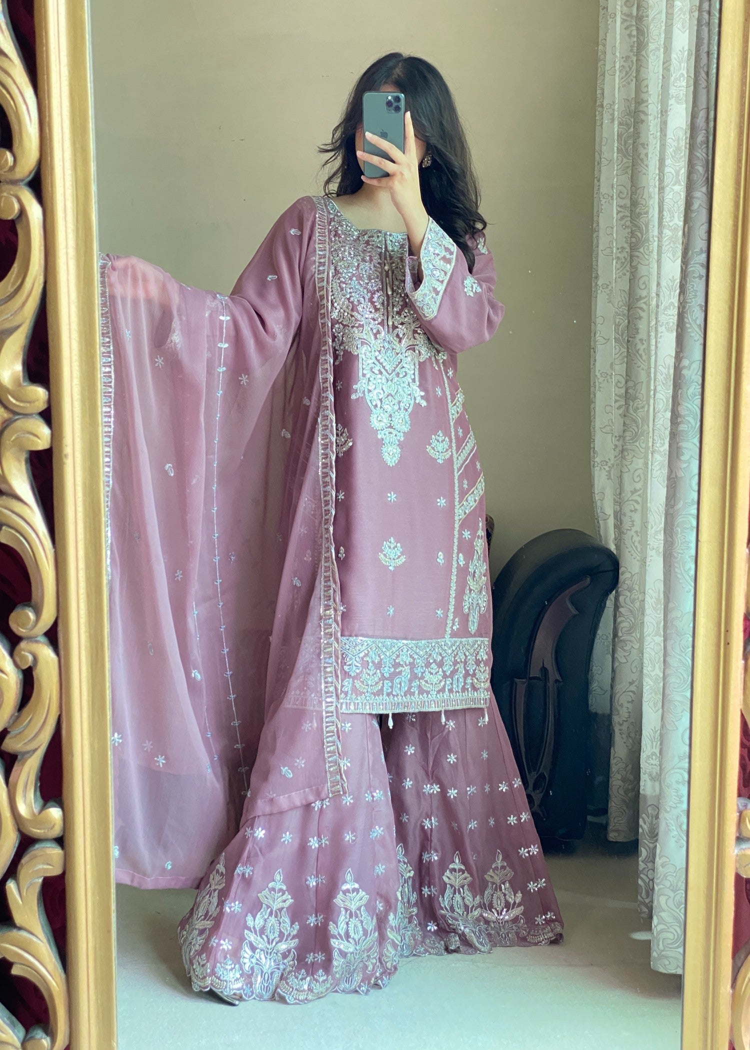 chiffon Gharara in Mauve pink