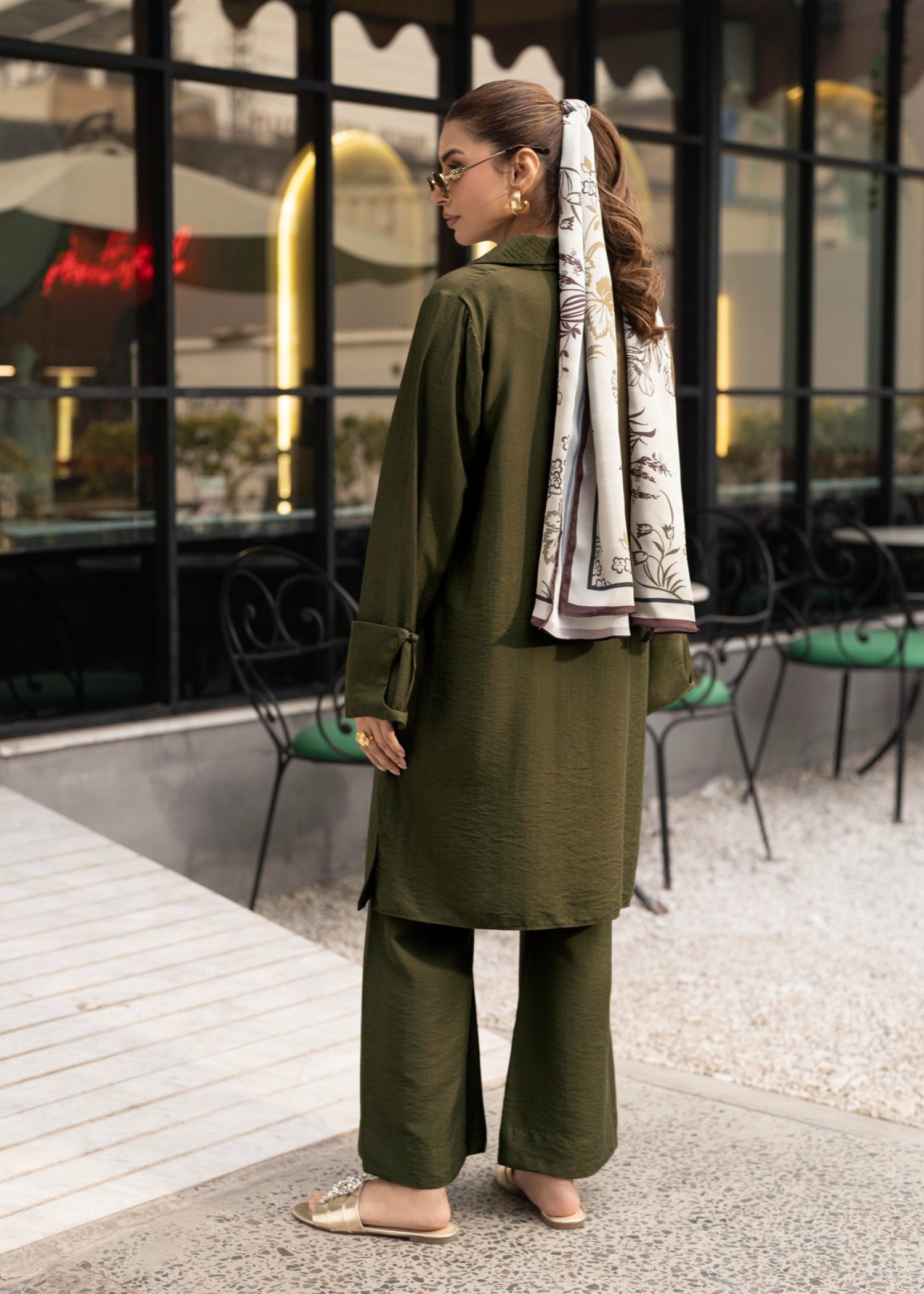 crepe Kurta Set in Olive green