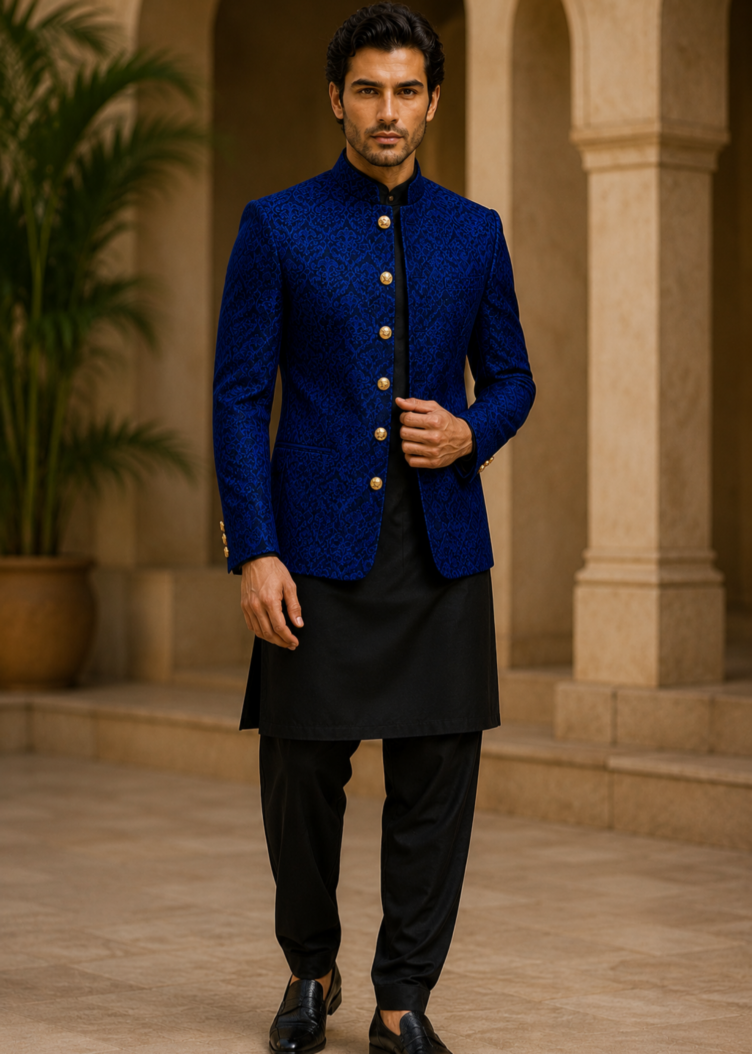raw silk Prince Coat in Royal blue