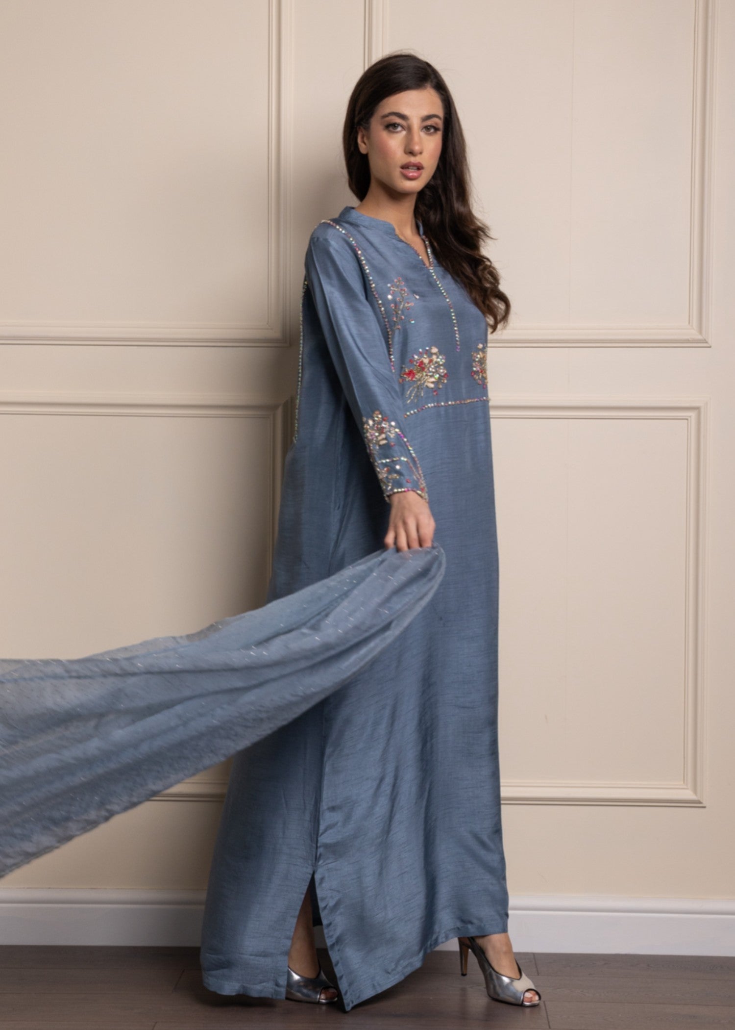 korean raw silk Kaftan in Light blue