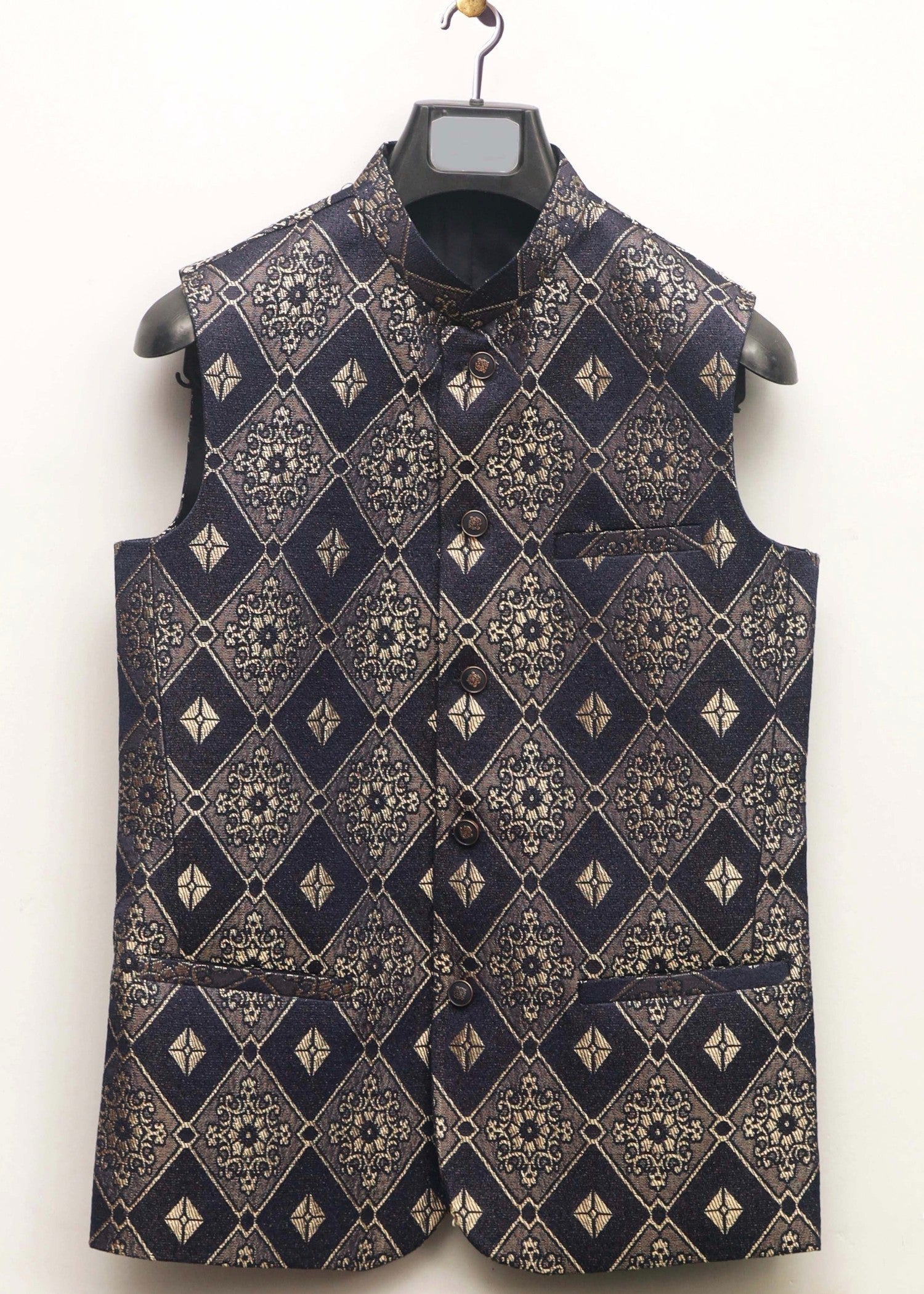 jamawar Waistcoat in Charcoal by Maqsood Garments