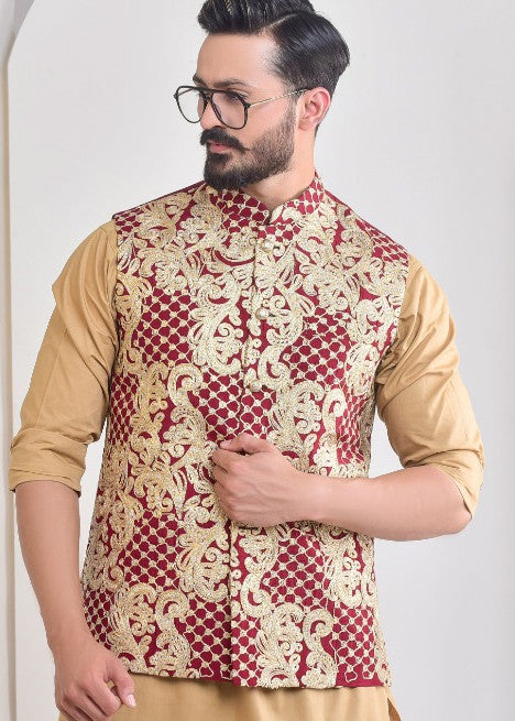 raw silk Waistcoat in Maroon