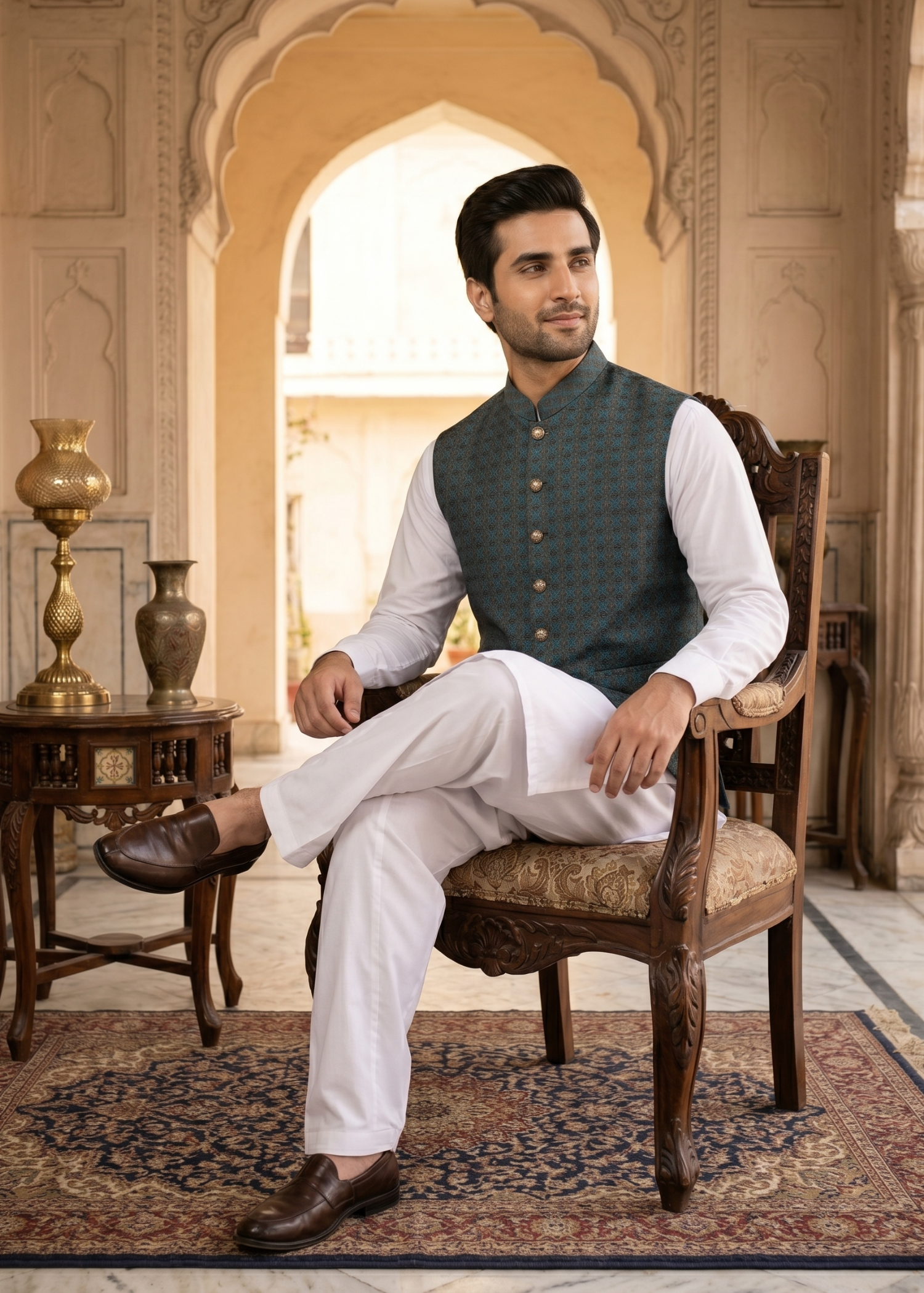 traditional jamawar Waistcoat in Brown, green