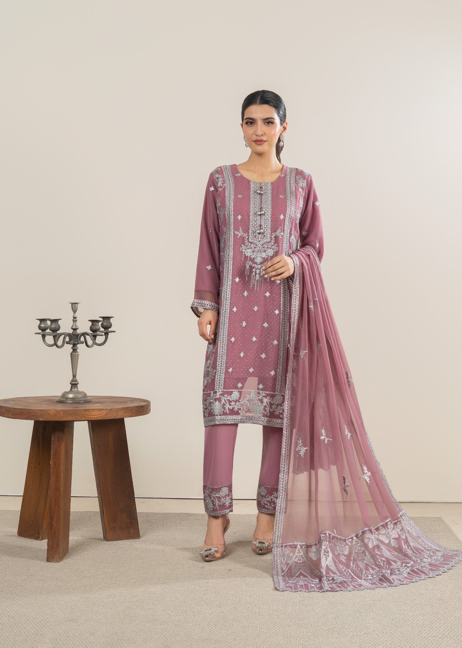 chiffon Kurta Set in Mauve pink